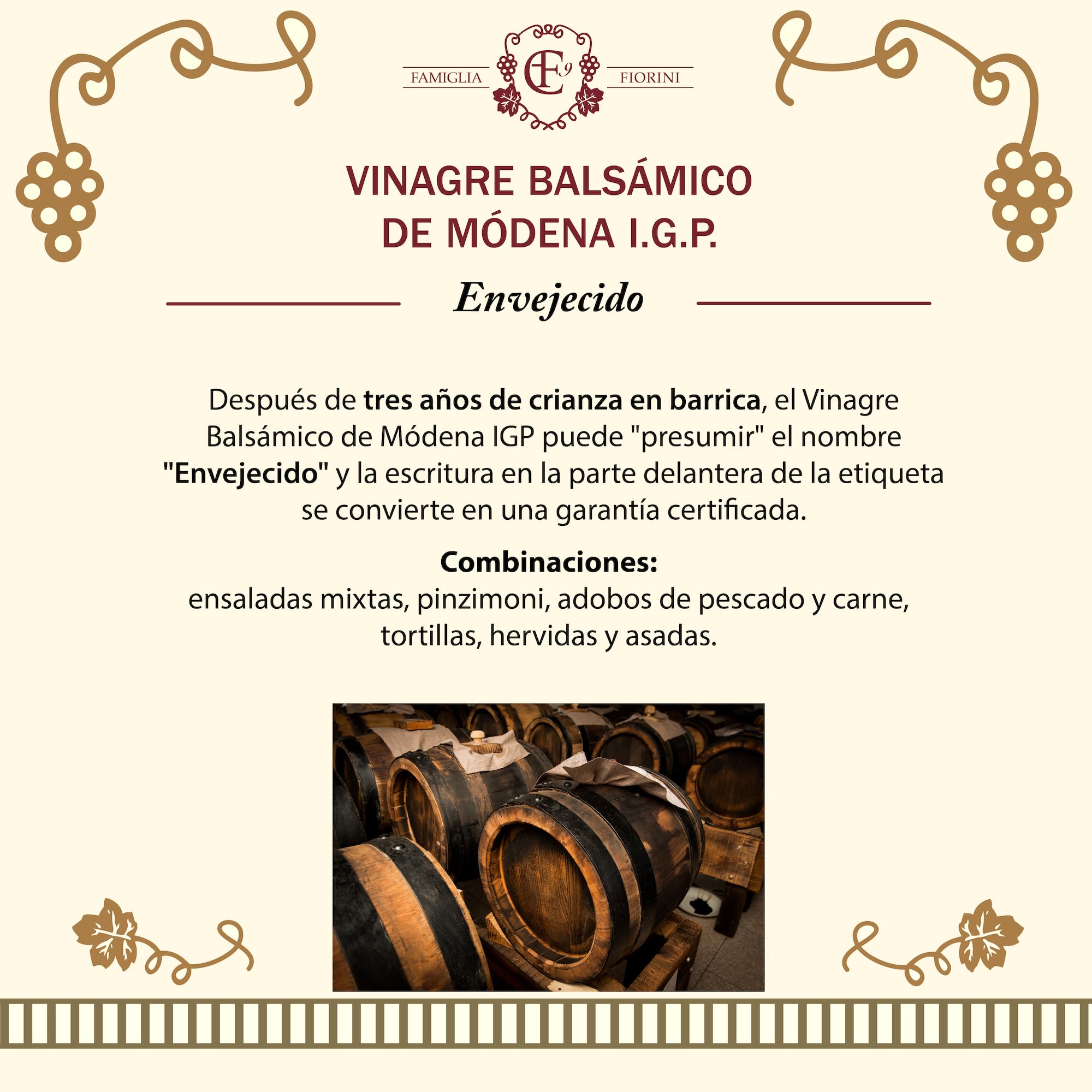 Famiglia Fiorini, Vinagre Balsámico de Módena I.G.P. Envejecido, Vinagre Envejecido durante 3 años en Barrica de Roble, Elaborado con Uvas 100% Italianas, Ideal para Aliñar Ensaladas, 250 ml.