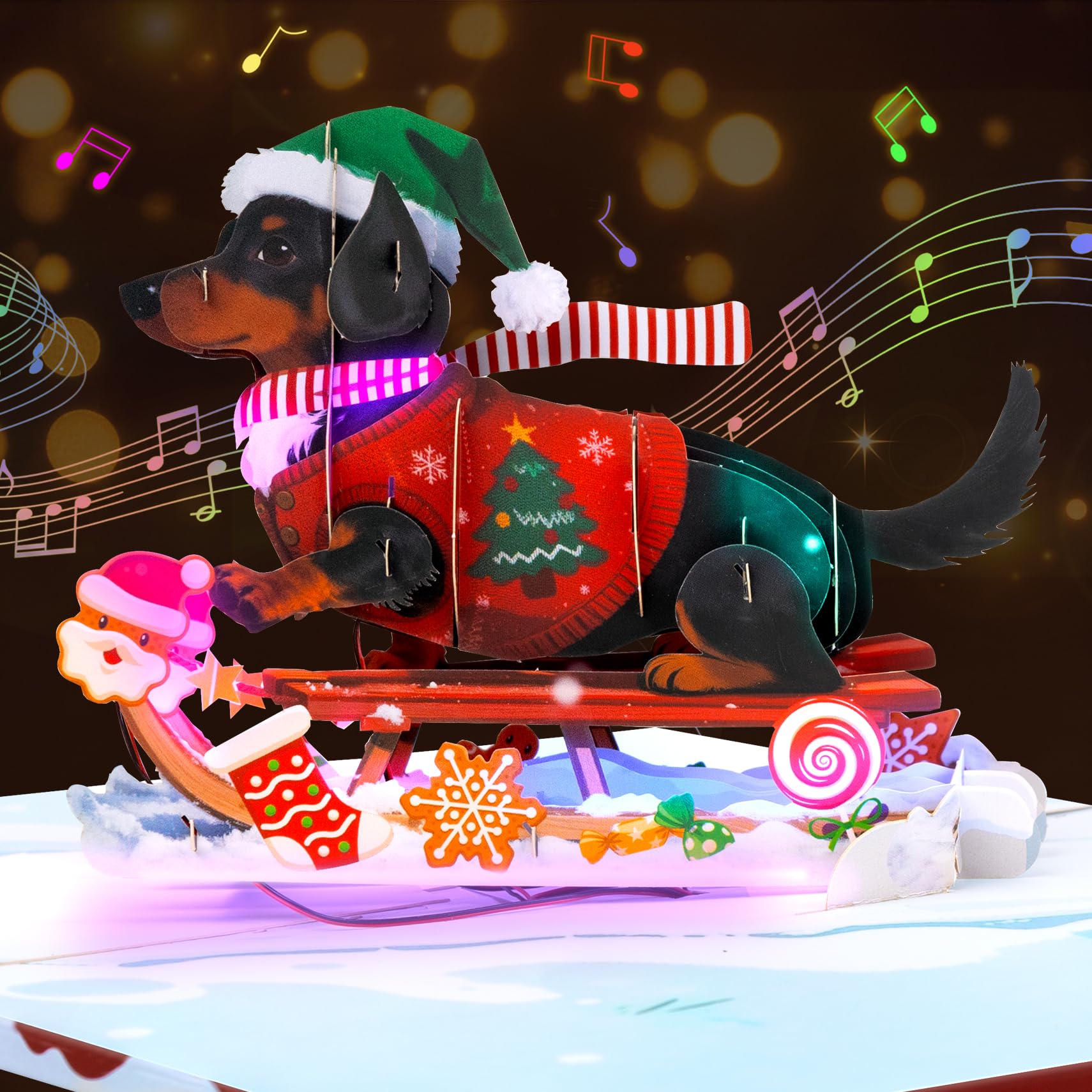 GREETING ART Pop Up Dachshund Christmas Card With Lights And Music