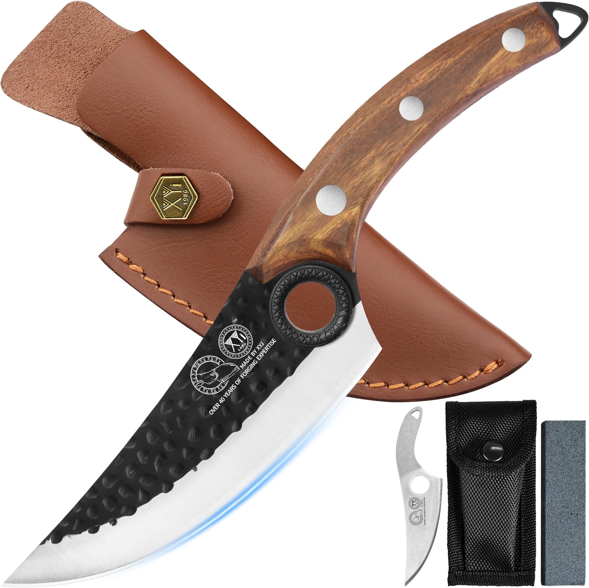 FULL TANG 6 Inch Stainless Steel Boning Knife Chef Fishing Knives Carry Leather Sheath Outdoor Cooking Knives Meat Butcher Knife For Camping Kitchen or Outdoor BBQ