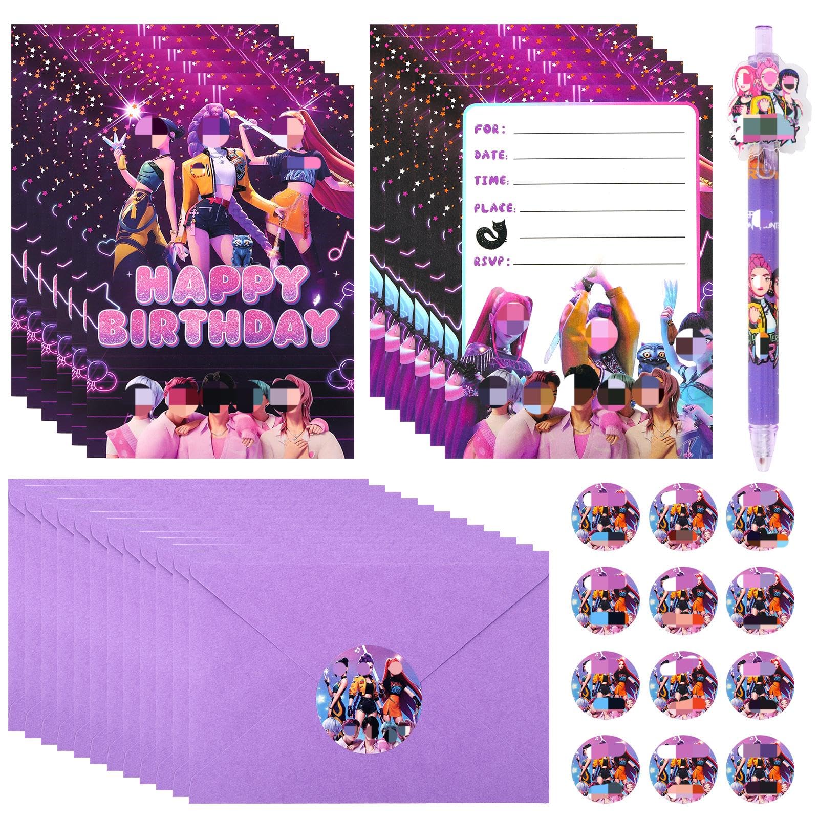 12PCS Party Invitations+ 1Pcs Kawaii Gel Pen, Cartoon Movie Theme Invitations, Party Invites with 12 Envelopes and Stickers, Birthday Cards Birthday Supplies Double Sided Invites Cards for Girls