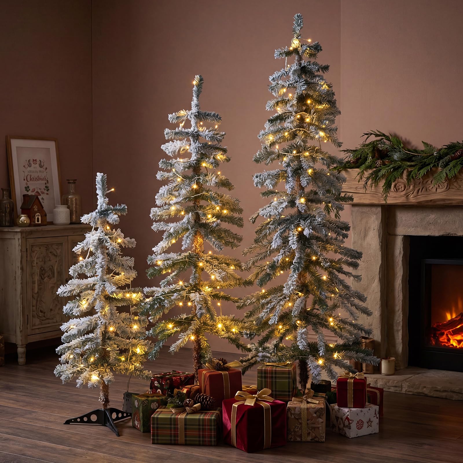 Cinnvoice Lot de 3 sapins de Noël artificiels naturels floqués avec lumières – Pin de Noël floqué avec branches pliables pour intérieur et extérieur (arbre alpin, 0,9 m, 1,2 m)
