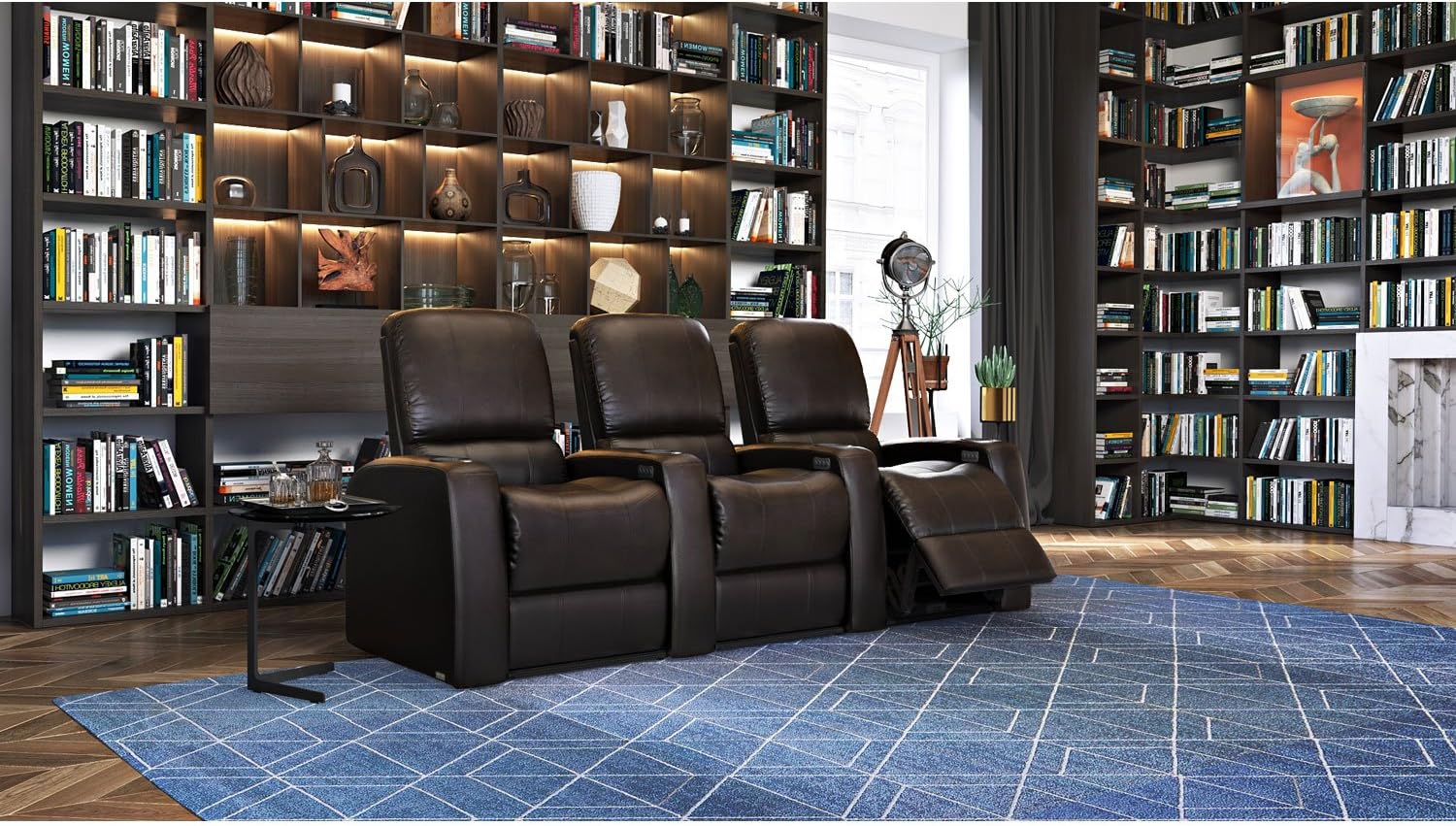 Octane Seating Blaze XL900 Media Room Chairs - Brown Premium Leather - Motorized Recline - Accessory Dock - Lighted Cup Holders - Straight Row of 3 Chairs