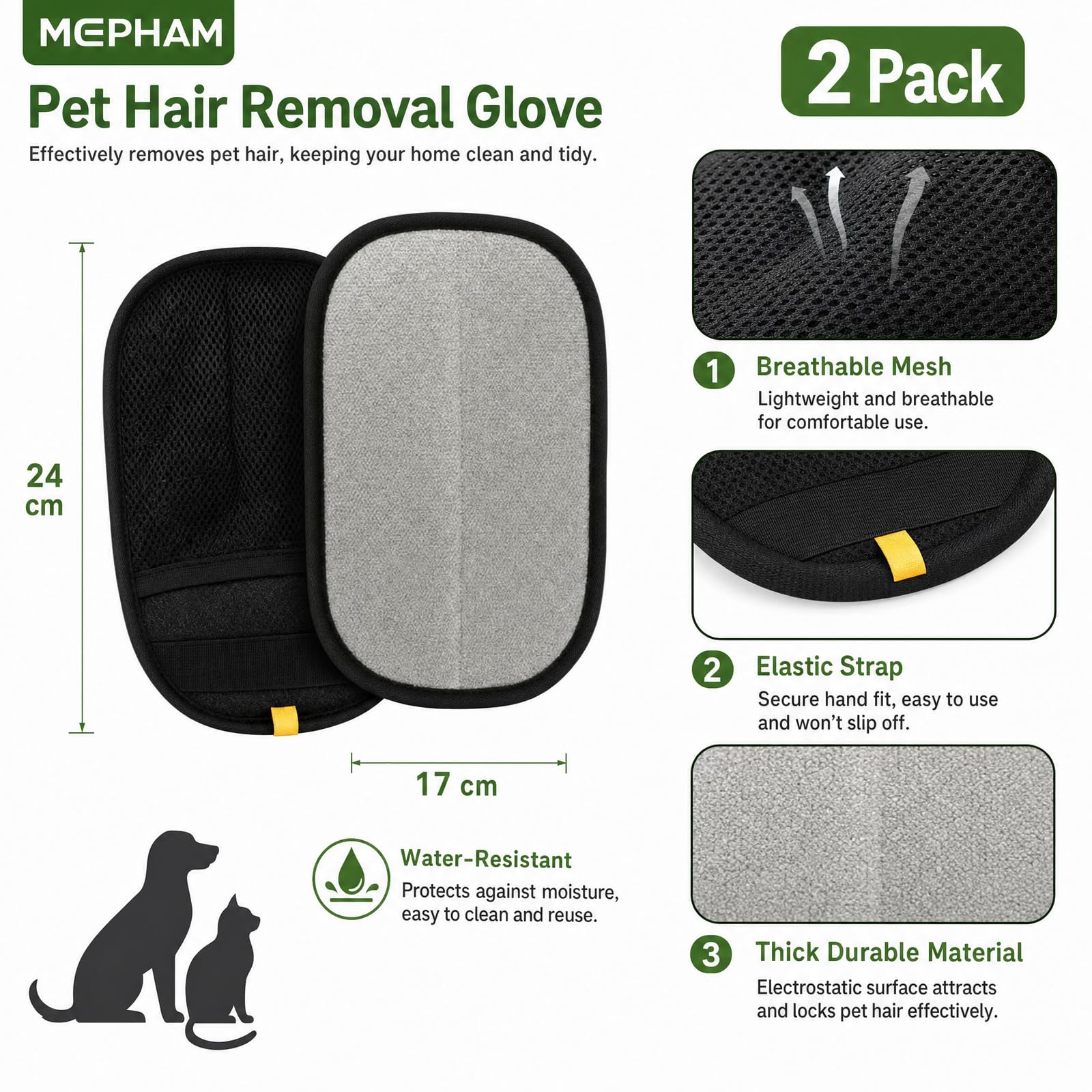Mepham Tierhaarentferner Handschuh - Fellmagnet für Katzenhaare & Hundehaare, Doppelseitiger Haarentferner Tierhaare, Waschbar & Wiederverwendbar, Fusselhandschuh für Sofa, Kleidung & Auto