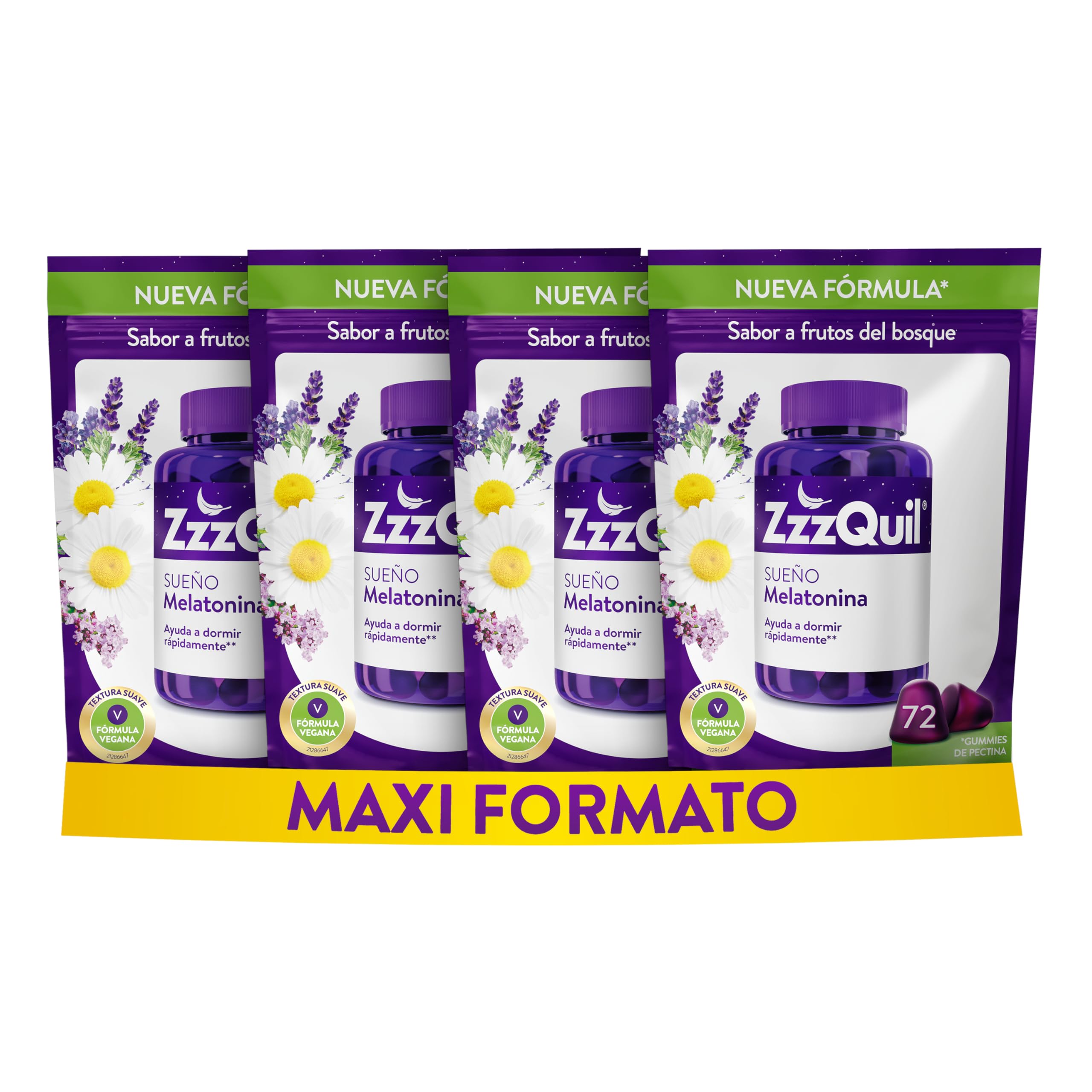 ZzzQuil Sueño, Gummies de Melatonina para Dormir, con Valeriana, Camomila, Vitamina B6 y Lavanda, Ayuda a Dormir Rápidamente*, Sabor Frutos del Bosque, Nueva Fórmula Vegana, 288 Gummies (4x72)