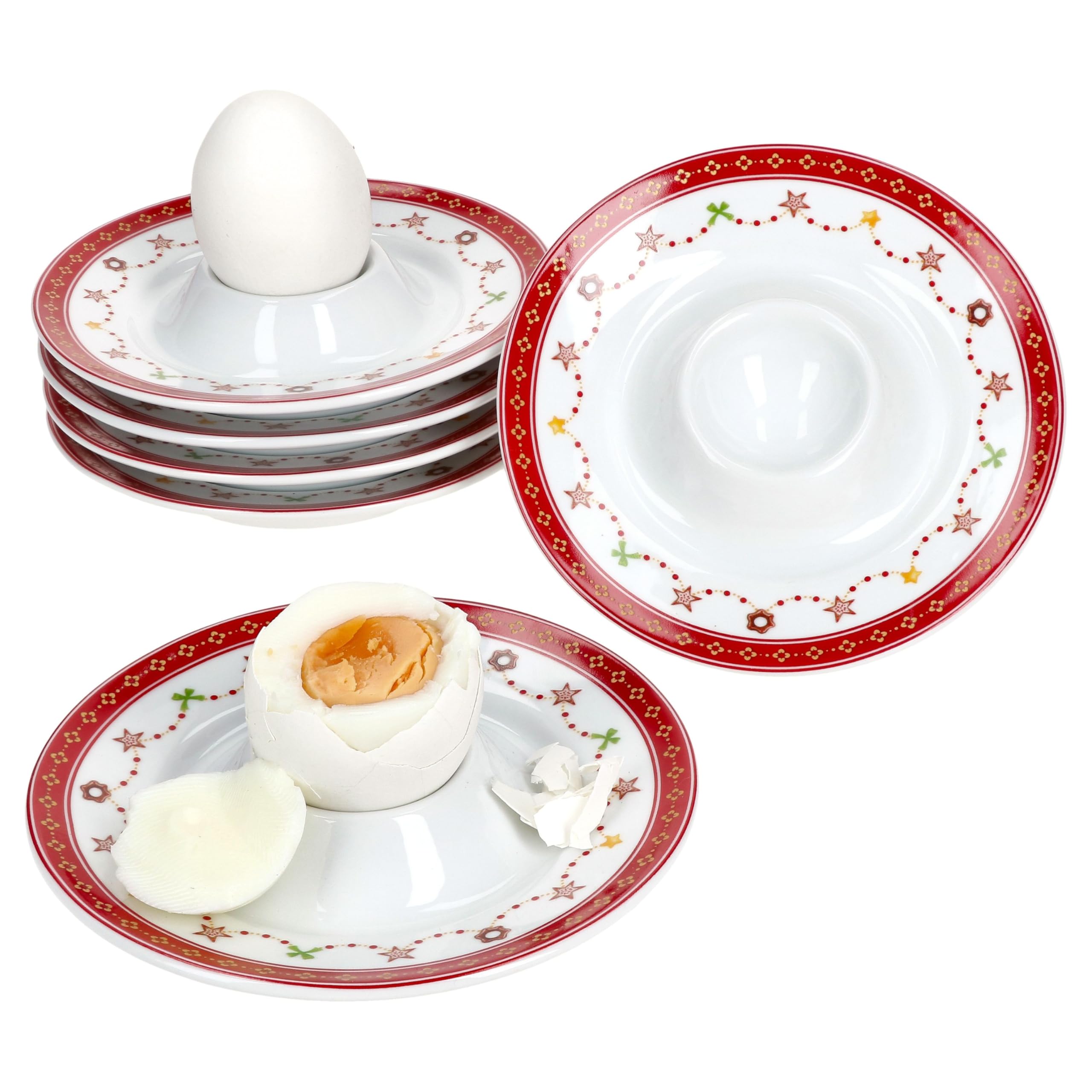 MamboCat Lot de 6 coquetiers en porcelaine avec plateau I Ø 13,3 cm I Coquetiers ronds en porcelaine avec décor de Noël pour l'œuf du petit déjeuner I 6 personnes
