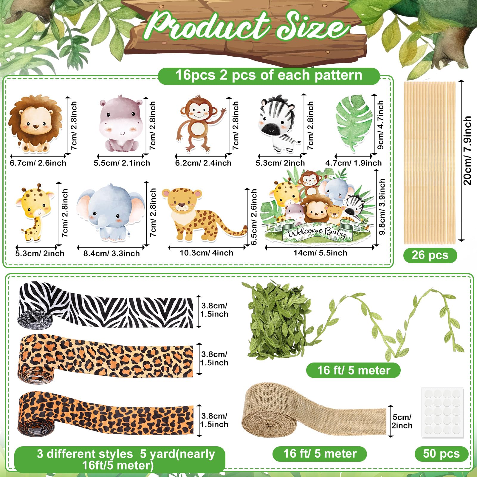 MotiMind Juego de 31 piezas de pasteles de pañales de animales de la selva, decoración de pastel de pañales para baby shower con recortes de animales de safari, cinta de hojas de arpillera, cinta con