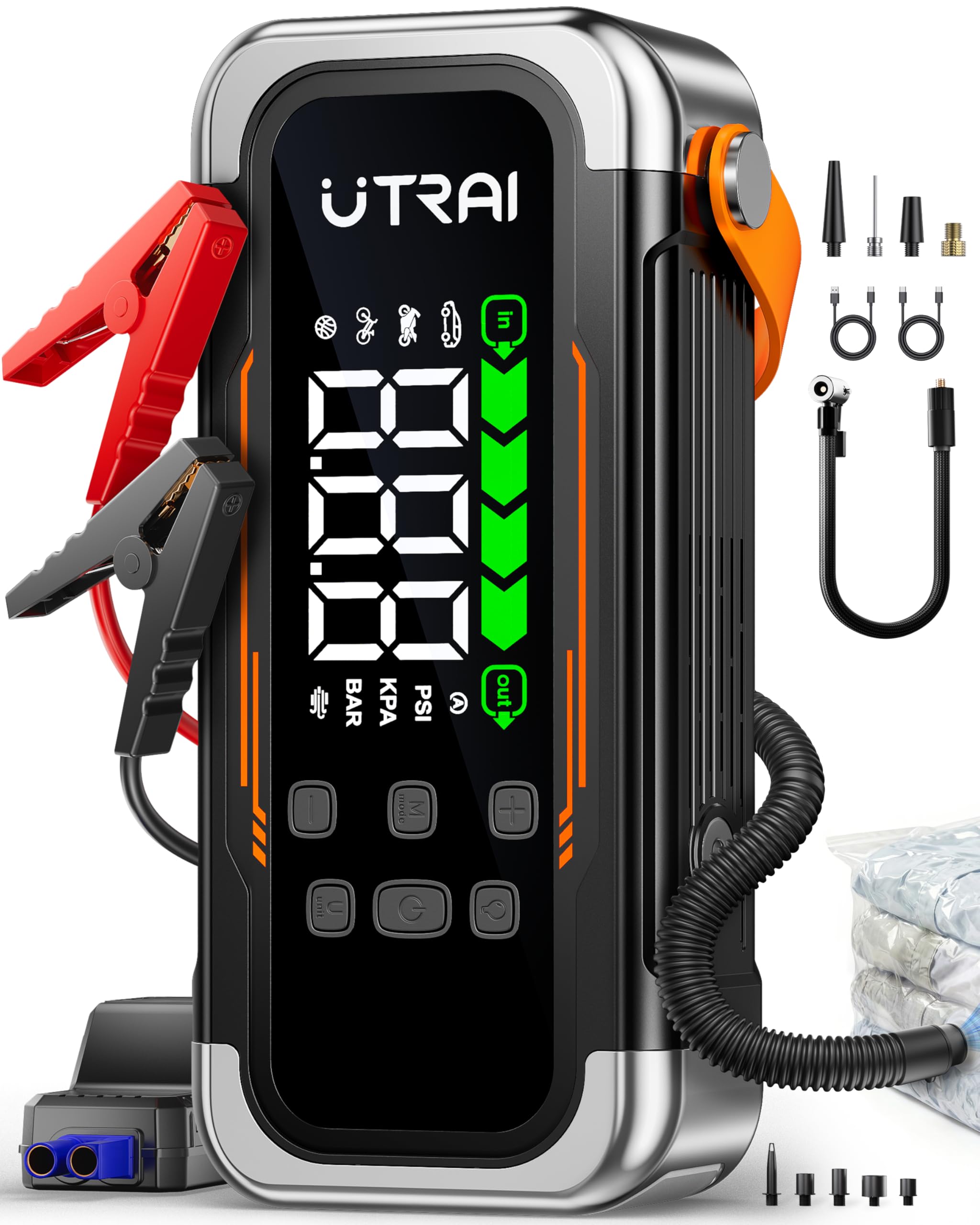 UTRAI Starthilfe Powerbank für Pkw mit Kompressor und Gebläse, 6000A Auto Starthilfe Powerbank mit PD 30W Ausgang, LED Notfalllich, Jump Starter Powerbank für All Benzin- und 10L Dieselmotor