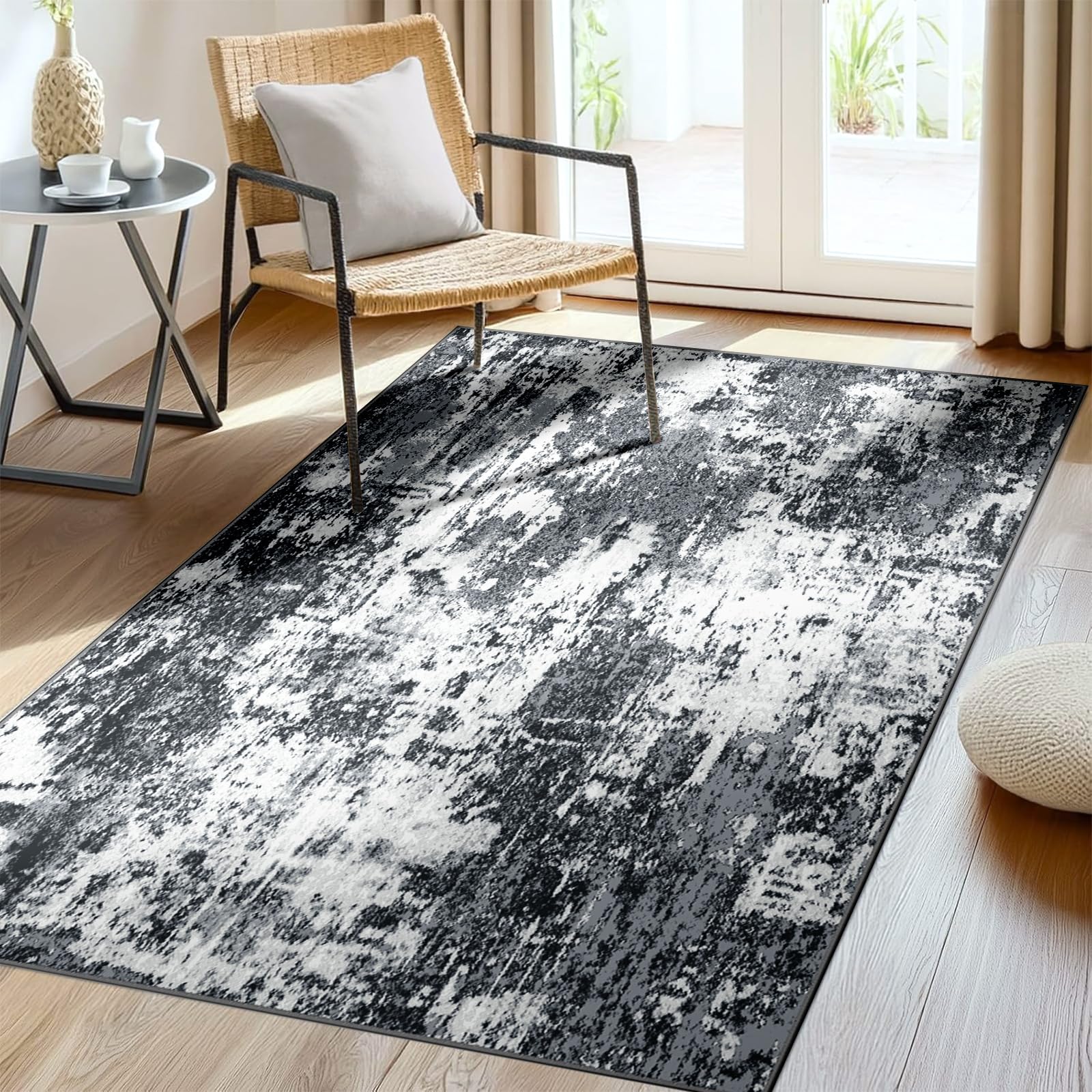 Washable Area Rugs 3'x5' Non-Slip Modern Abstract Soft for Living Room Entryway Bedroom Nursery, Print Pattern, Black Gray