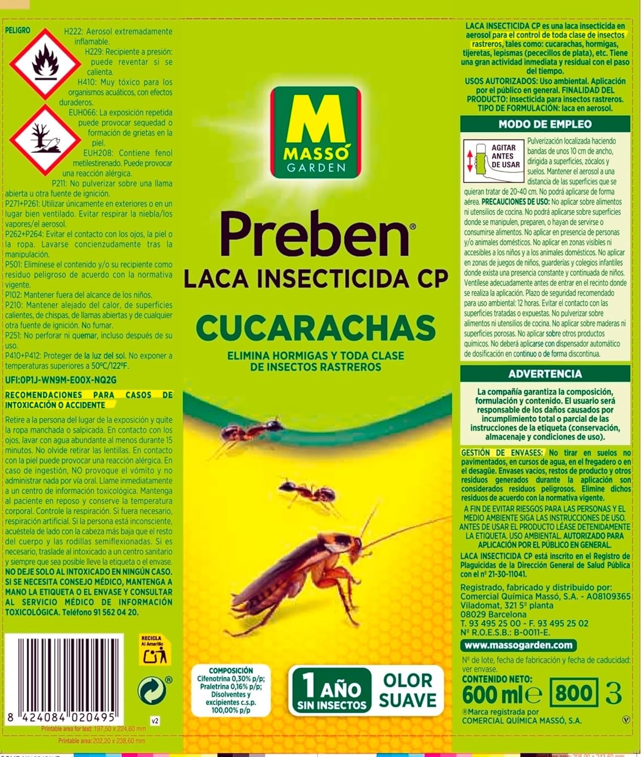 Preben Laca Insecticida contra Cucarachas, Hormigas, Tijeretas y Otros Insectos x1 MUY EFICAZ - Aerosol de 600 ml | Uso en Interior y Exterior | Acción de Contacto hasta 1 año | Nexum Market