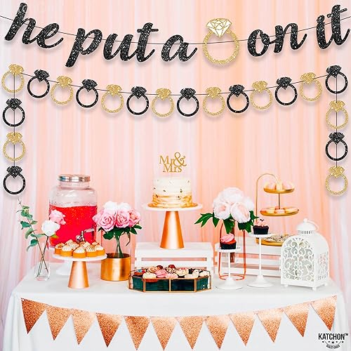 Miniatura 7 de KatchOn, Pre-Strung He Put A Ring On It Banner - Glitter, 10 Feet No DIY  Black and Gold Engagement Party Decorations, He Put A Ring On It Sign for