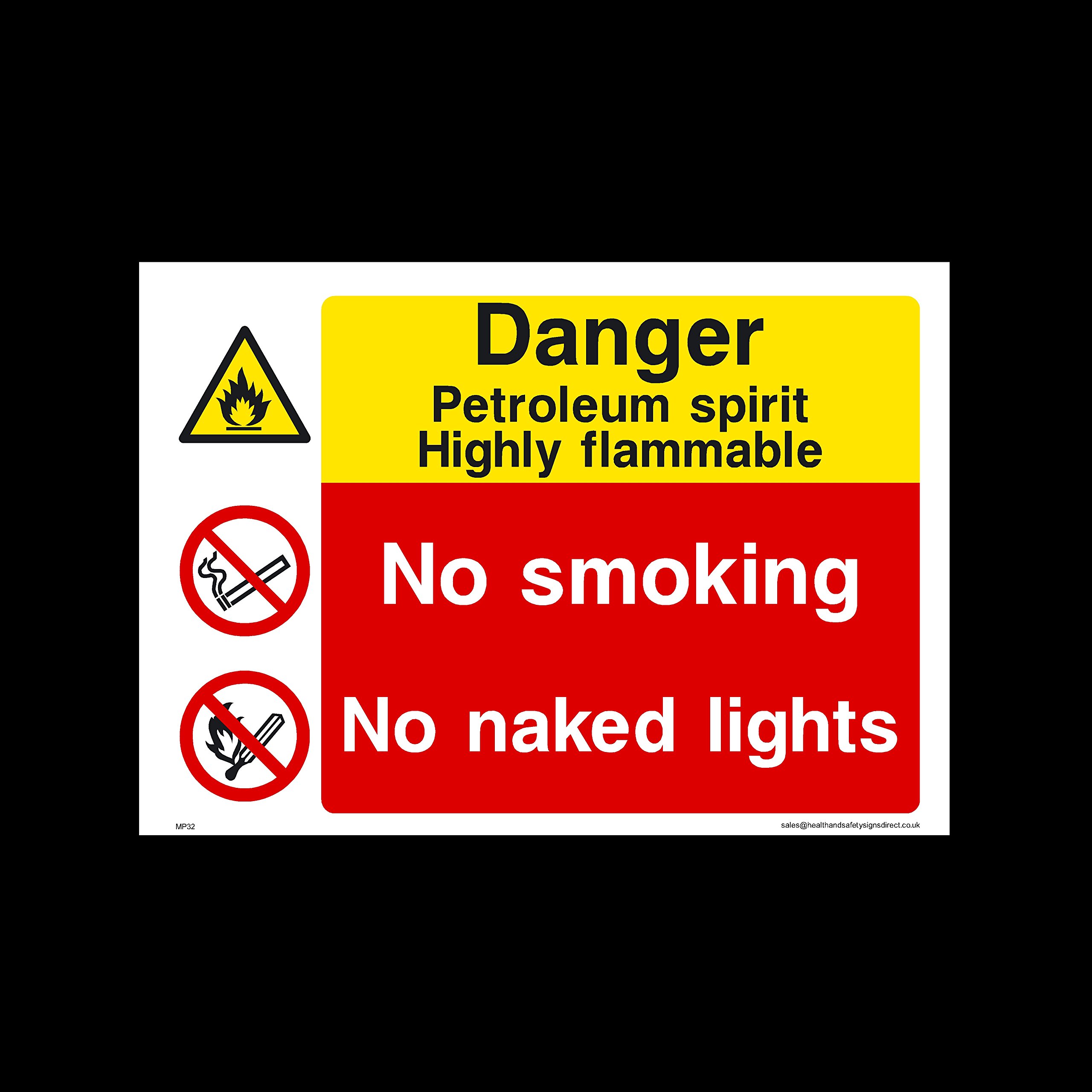Ussp&S Men's Danger Petroleum Spirit - Highly Flammable - No Smoking Plastic Sign With 4 Pre-Drilled Holes (Mp32) - Danger, Caution, Flammable, Ear Protection, No Smoking, Harness, At Work