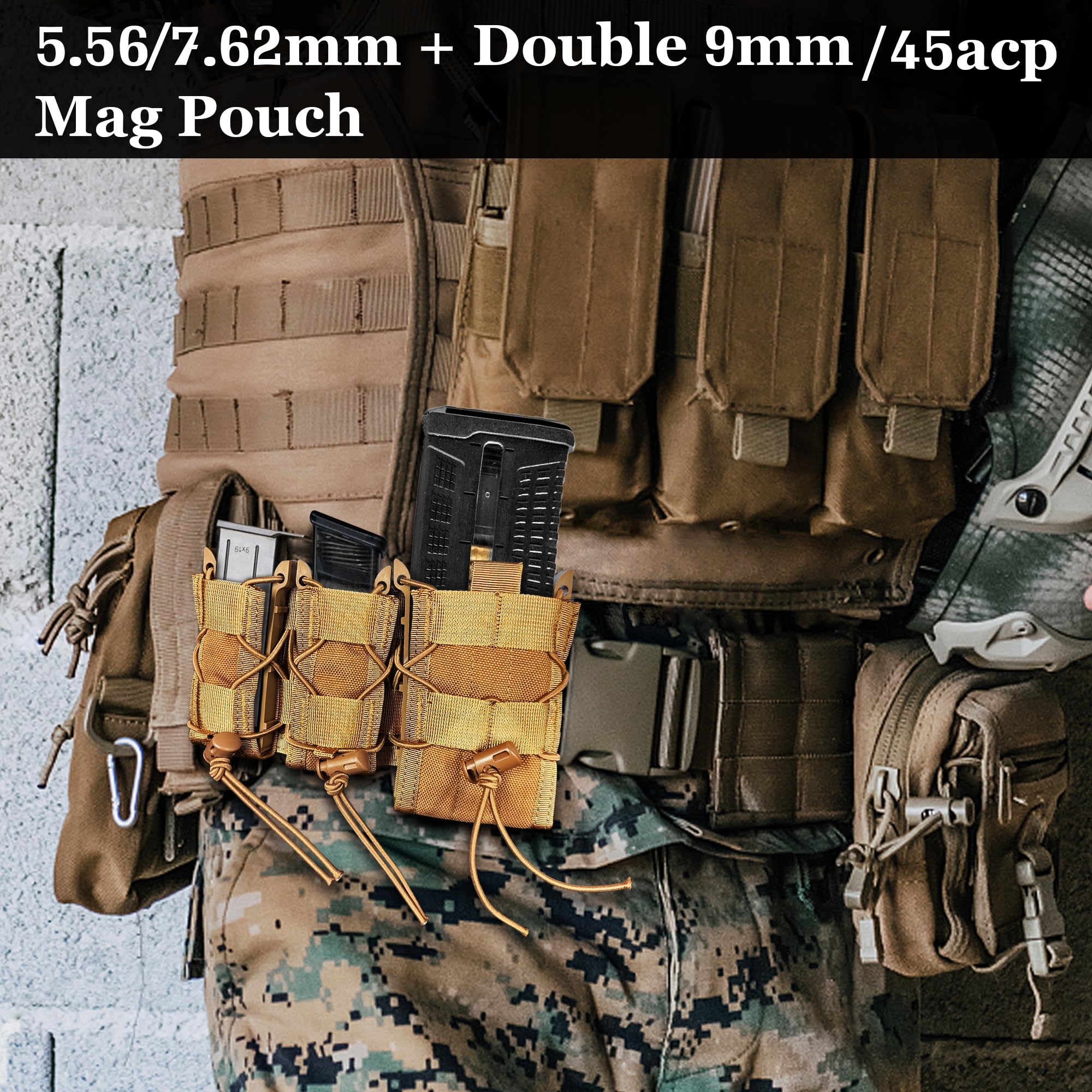 Lyska 2 Packs Molle 5.56 7.62mm Mag Pouch & 9mm Magazine Holster Combo for Rifle Pistol, Universal Open-Top Double Single/Mags Carrier for AR/Glock /.40 Cal / 45 ACP/S&W M&P (Tan)
