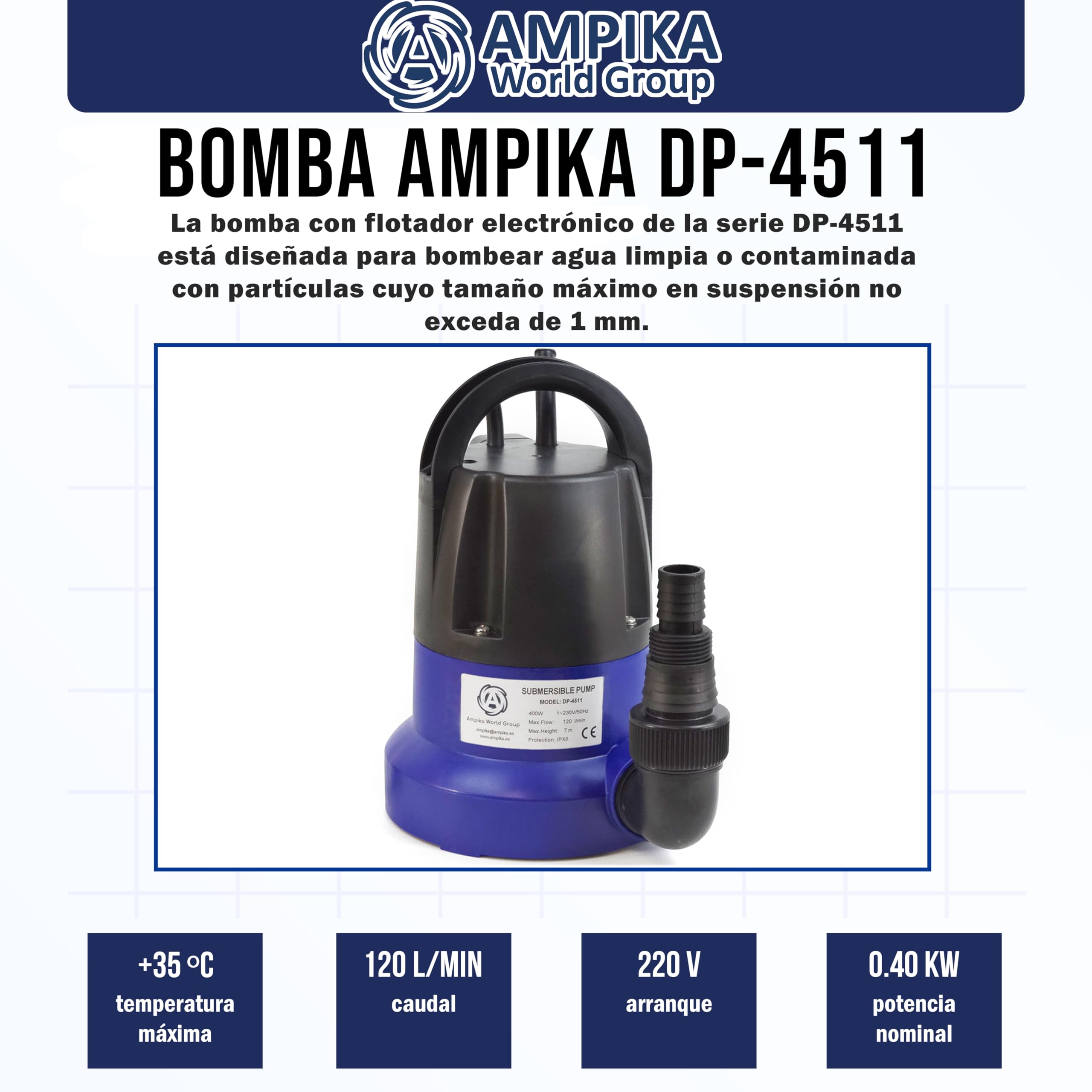 Bomba de drenaje sumergible Ampika DP4511 con flotador electrónico (capacidad de 120 l/min, profundidad máx. de inversión 7m), bombeo hasta 1...3 mm del suelo