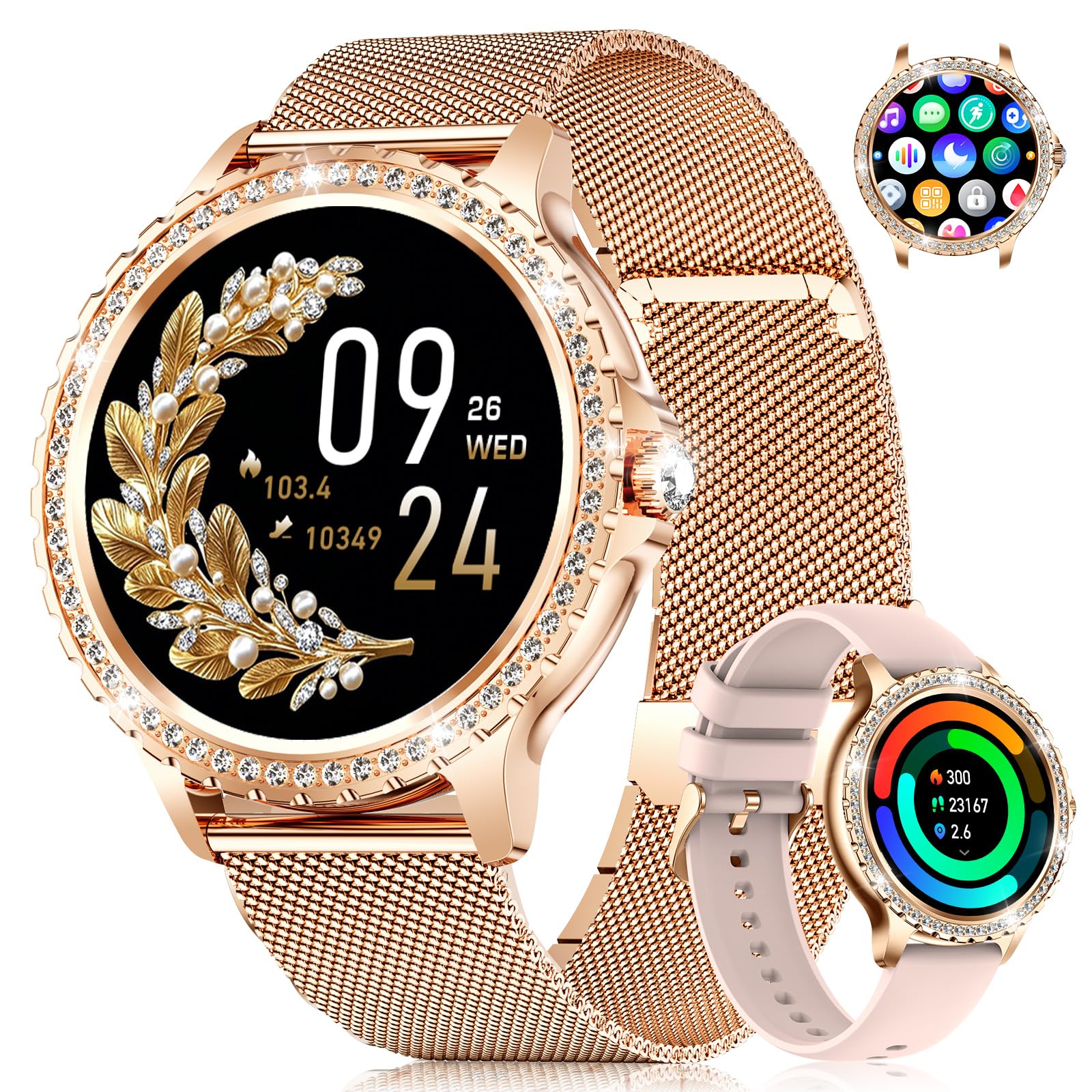 Smartwatch Damen mit Zirkonia-Steinen, 1,32‘’ HD Touchscreen Ultra 9mm Elegante Fitnessuhr mit Bluetooth Anruf & Nachrichten, Puls/SpO2/Menstruationszyklus, 100+ Sportmodi für iOS Android, Gold