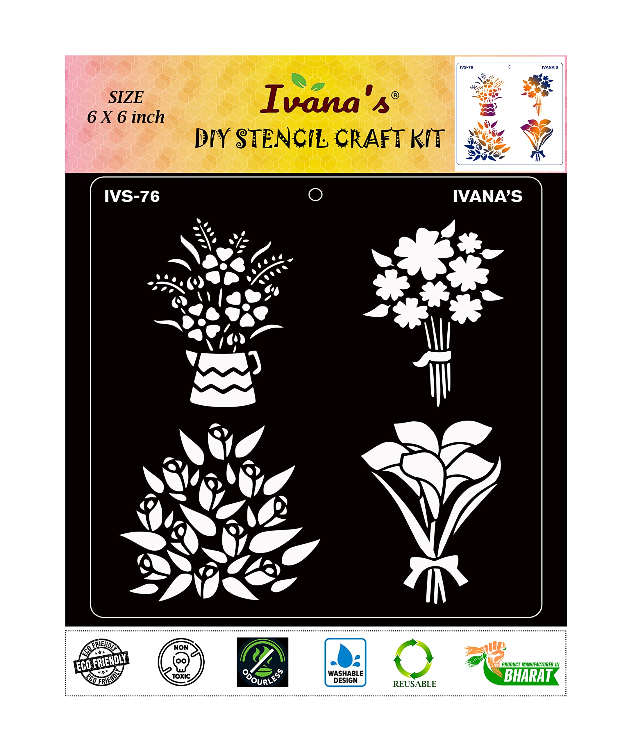 Ivana's Floral Pattern Stencil for Art & Craft, DIY Decorative Stencil for Painting on Canvas, Fabric, Cloth, Paper, Glass, Furniture and Wall, Size - 6 x 6 inch, Pack of 1, IVS-76