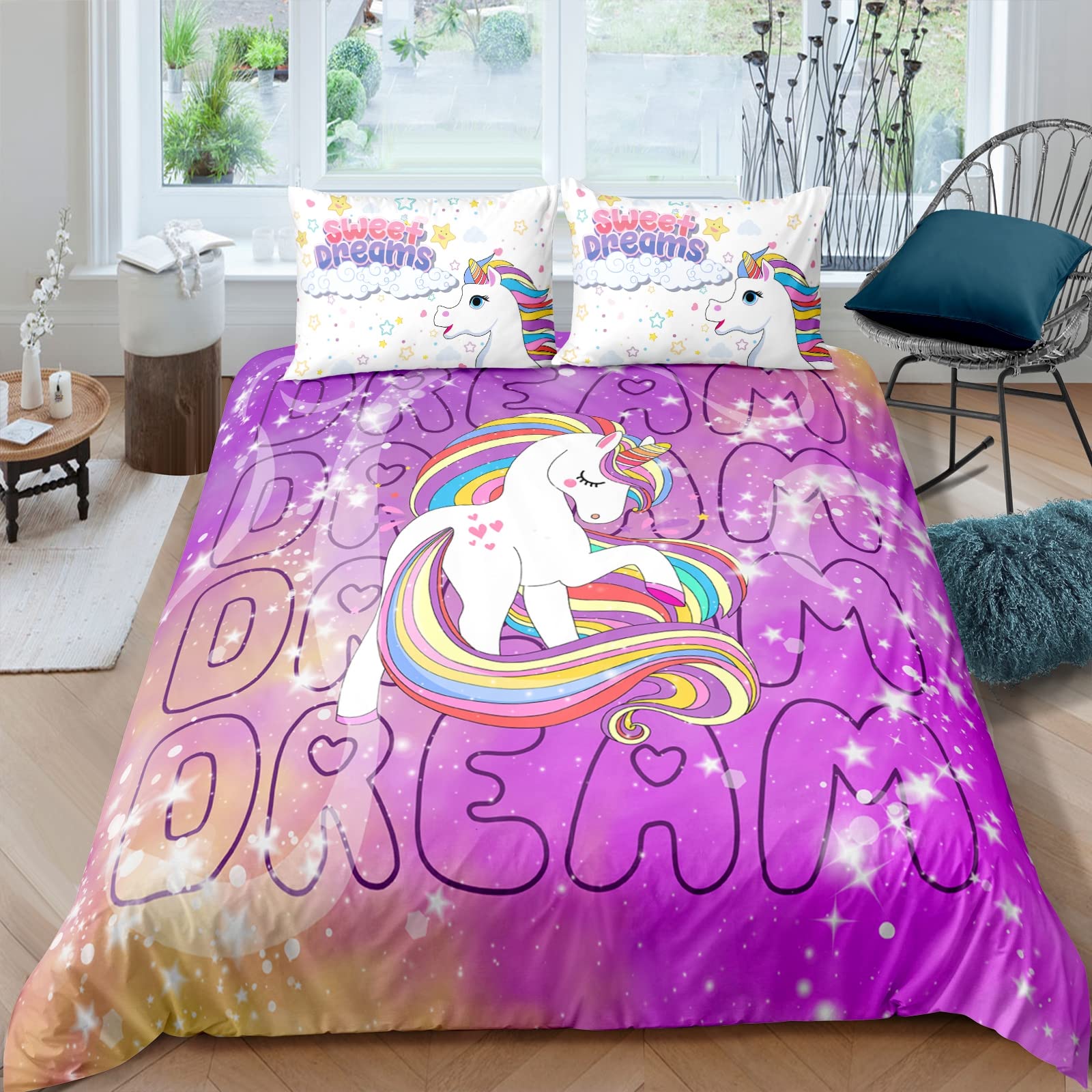 Lunoroey Cartoon Rainbow Unicorn Bedding Duvet Cover Set Double Size for Girls Pink Luxury Galaxy Comforter Cover with 2 Pillowcases Ultra Soft Easy Care Microfiber Unicorn Quilt Cover โ image 1
