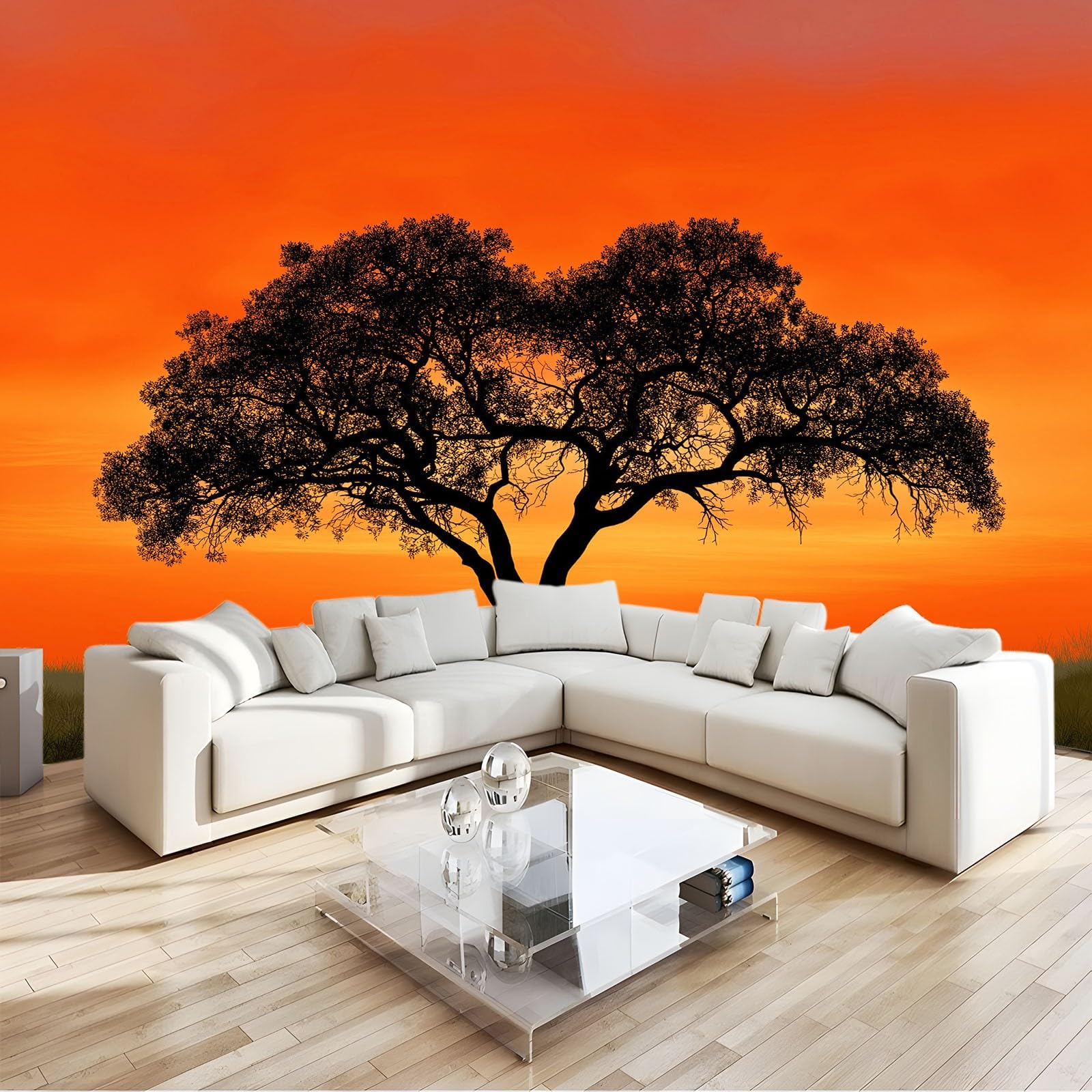 Générique Panoramiczna tapeta Minimalistyczna Krajobraz Drzewa Blask 3D 200 x 140 cm, włóknina XXL Nowoczesna dekoracja ścienna Salon Sypialnia Biuro Pokój dziecięcy, pomarańczowa