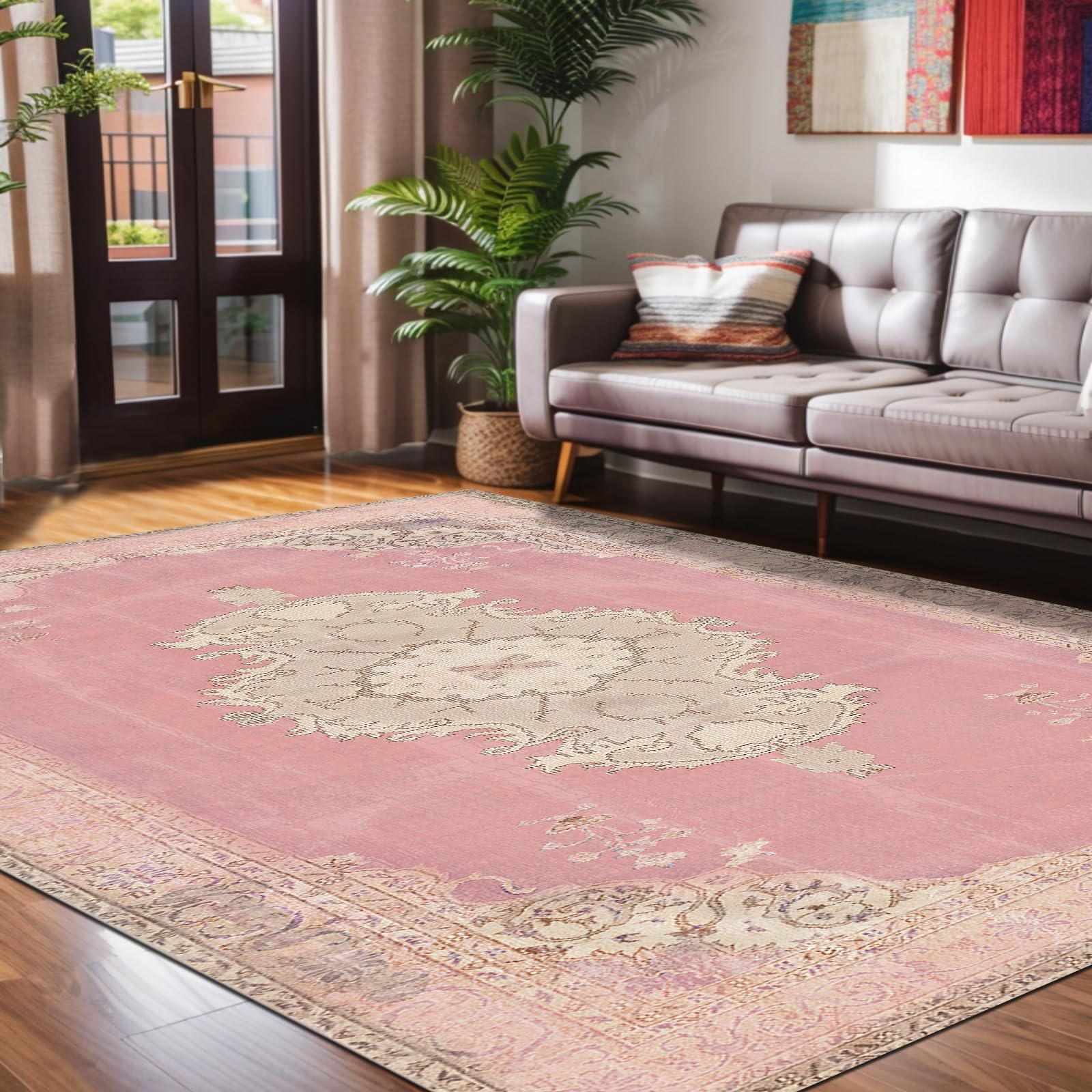 bamyum Lix Alfombra Salon Vintage Lavable Impresa Chenilla Estampada a Máquina 120 x 180 cm, Alfombra Lavable, Alfombra Rosa Vintage Dormitorio, Antibacteriana Antideslizante Base Alfombra Cocina