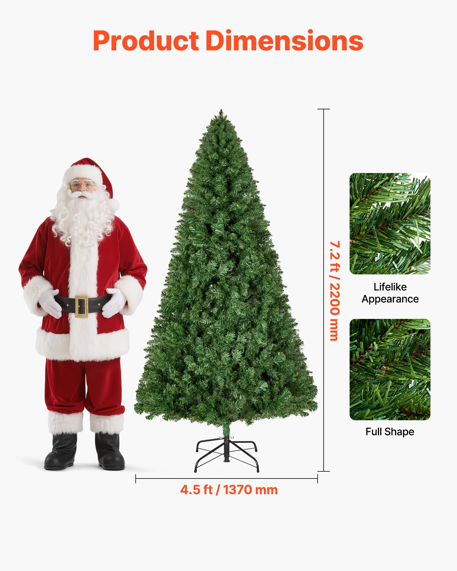 VEVOR Sapin de Noël Artificiel 220 cm, Arbre Artificiel de Noël Décoration Intérieur avec 1346 Branches PVC, Base en Métal, Arbre Décoratif pour Salon, Chambre, Centre Commercial, Parc, Bureau, Vert
