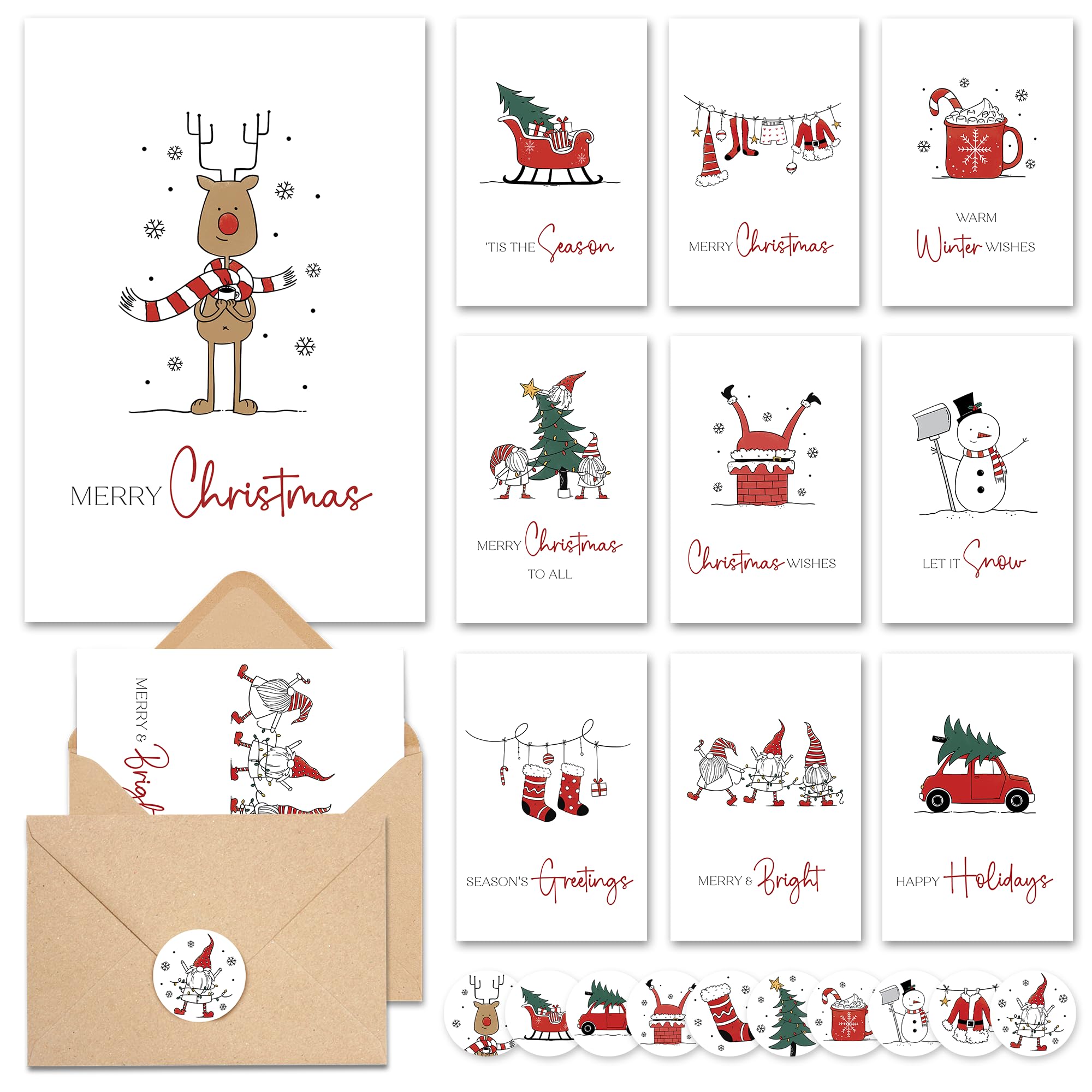 AUDREE Christmas Cards With Envelopes & Matching Stickers (20 Pack 4"x6") - Assortment Boxed Holiday Card - Perfect for Happy Holidays Cards, Xmas