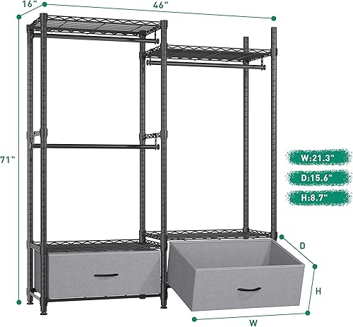REIBII Perchero ancho resistente para colgar ropa perchero de metal perchero portátil para colgar ropa perchero con 2 cajones para 620 libras 71