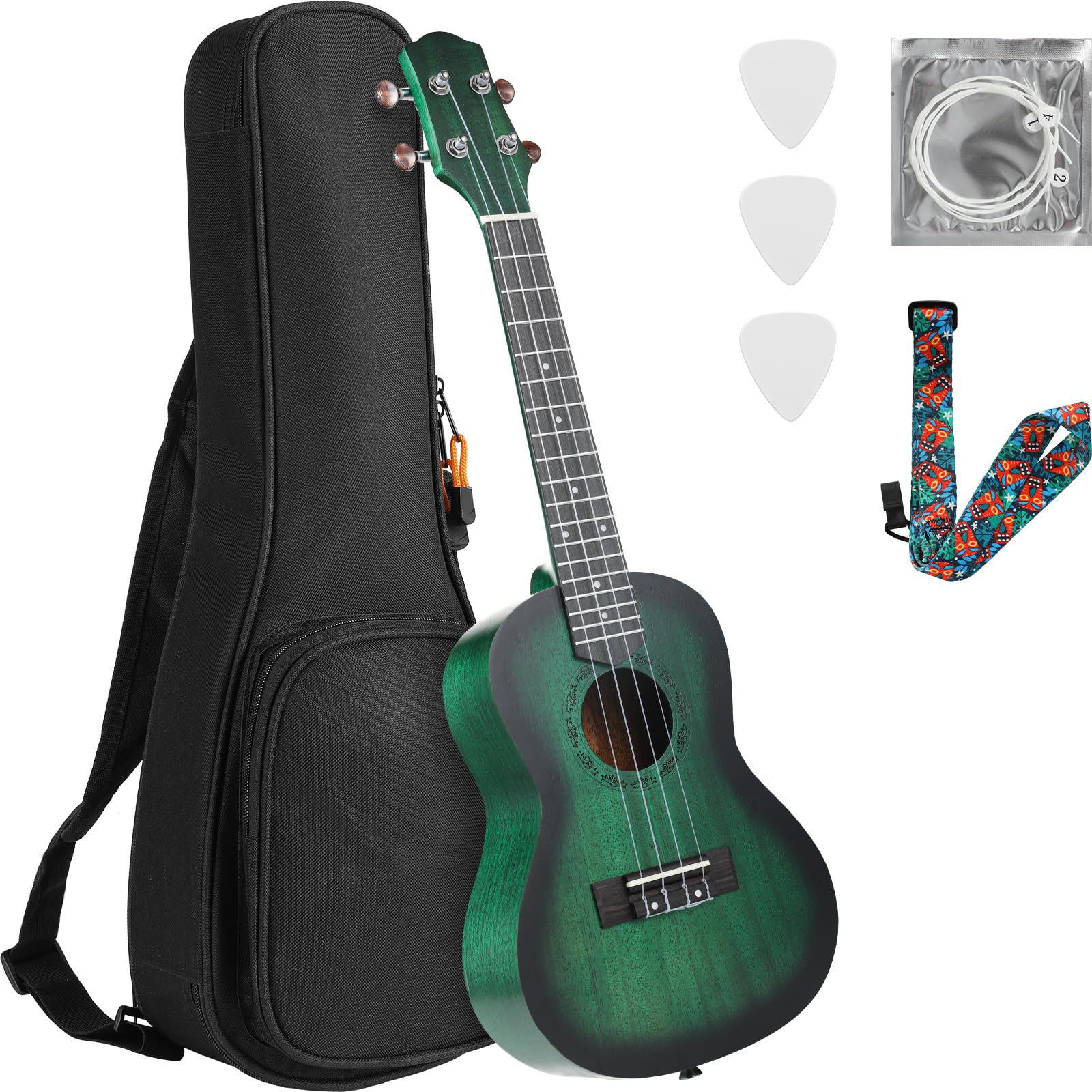Ukulele Adulti Bambini, Ukulele Soprano da 21 Pollici, Ukulele Concerto Artigianale, Chitarra Hawaiana in Legno di Mogano con Plettri a Tracolla Professionale Borsa, Ukulele Bambini da 6 Anni, Verde