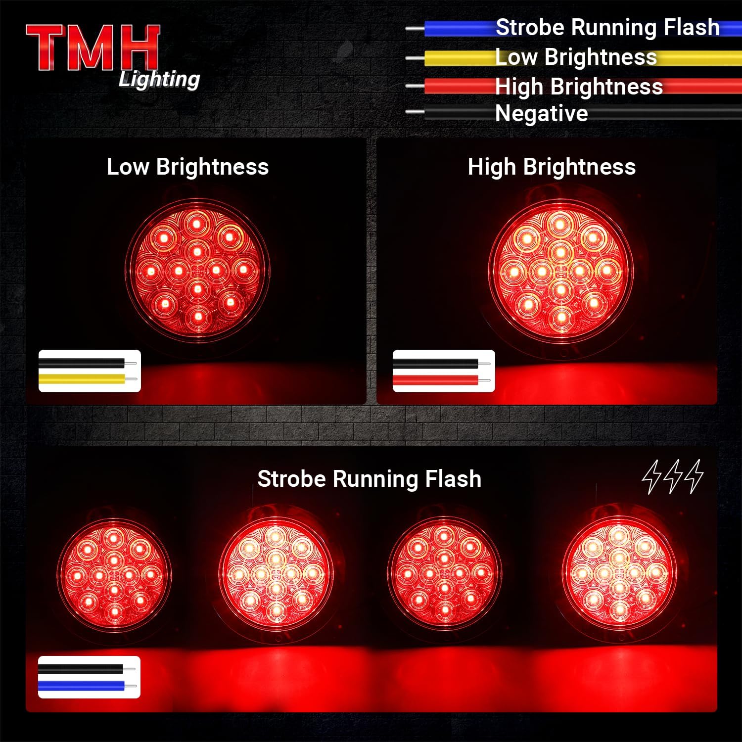 TMH 4 Inch Clear Lens Red LED Strobe Trailer Tail Lights, 12 LED Flush Mount, Chrome Bezel, Waterproof, Solid & Flashing Strobe Light, 12V for Truck, RV, Bus, Tow Vehicles (4 Pack)