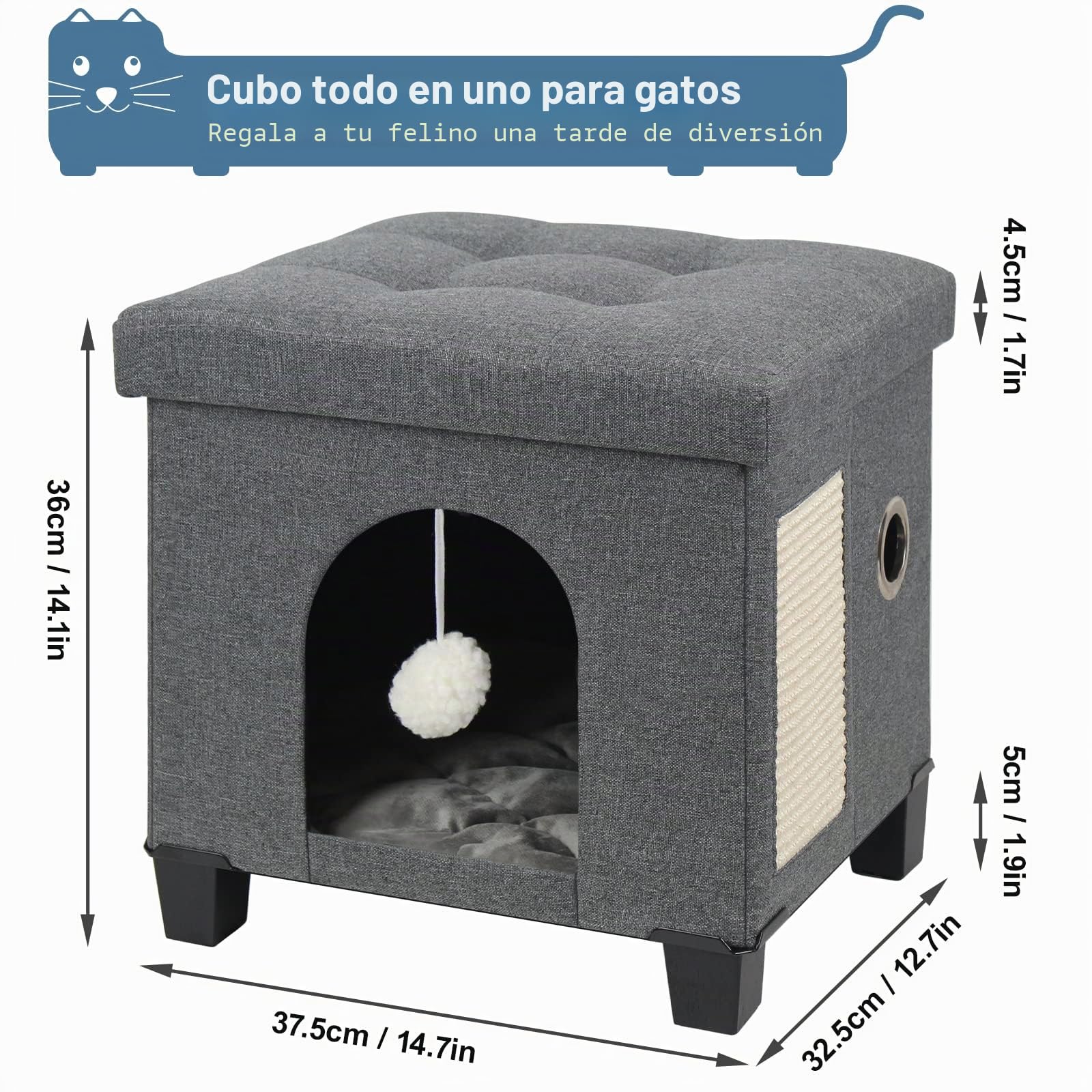 BRIAN & DANY Casa Gato, Cueva para Gatos de Interior, Cama Plegable para Gatos con Tabla Rascador y Pelota de Juego, Taburete con Patas de Madera, 37,5 x 32,5 x 36 cm, Gris