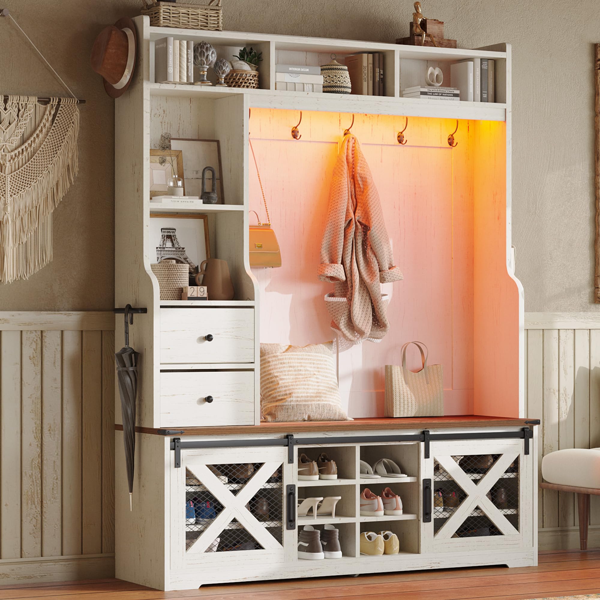 AMERLIFE 7-in-1 Farmhouse Hall Tree with Bench and Shoe Cabinet, LED Entryway Organizer with 2 Drawers, 12 Shoe Cubbies & Barn Doors, 7 Coat Racks