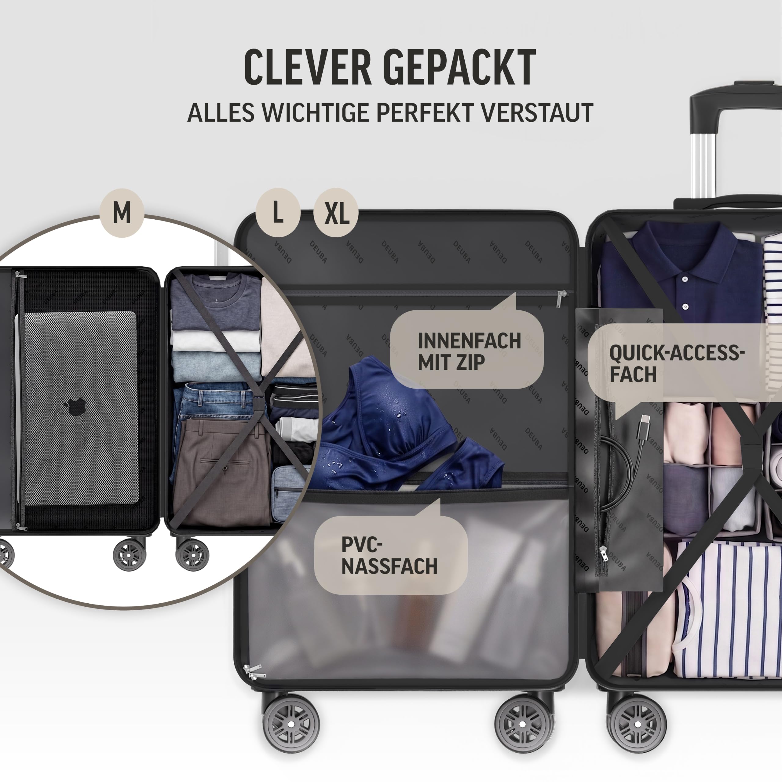 DEUBA® TRAVEL Koffer Set 3tlg 55x40x20 Sicherer Stauraum Kreuzgurt PVC Fach Reisekoffer Groß Trolley Suitcase mit 360° Rollen Hartschalenkoffer Handgepäck Koffer Dunkelgrün