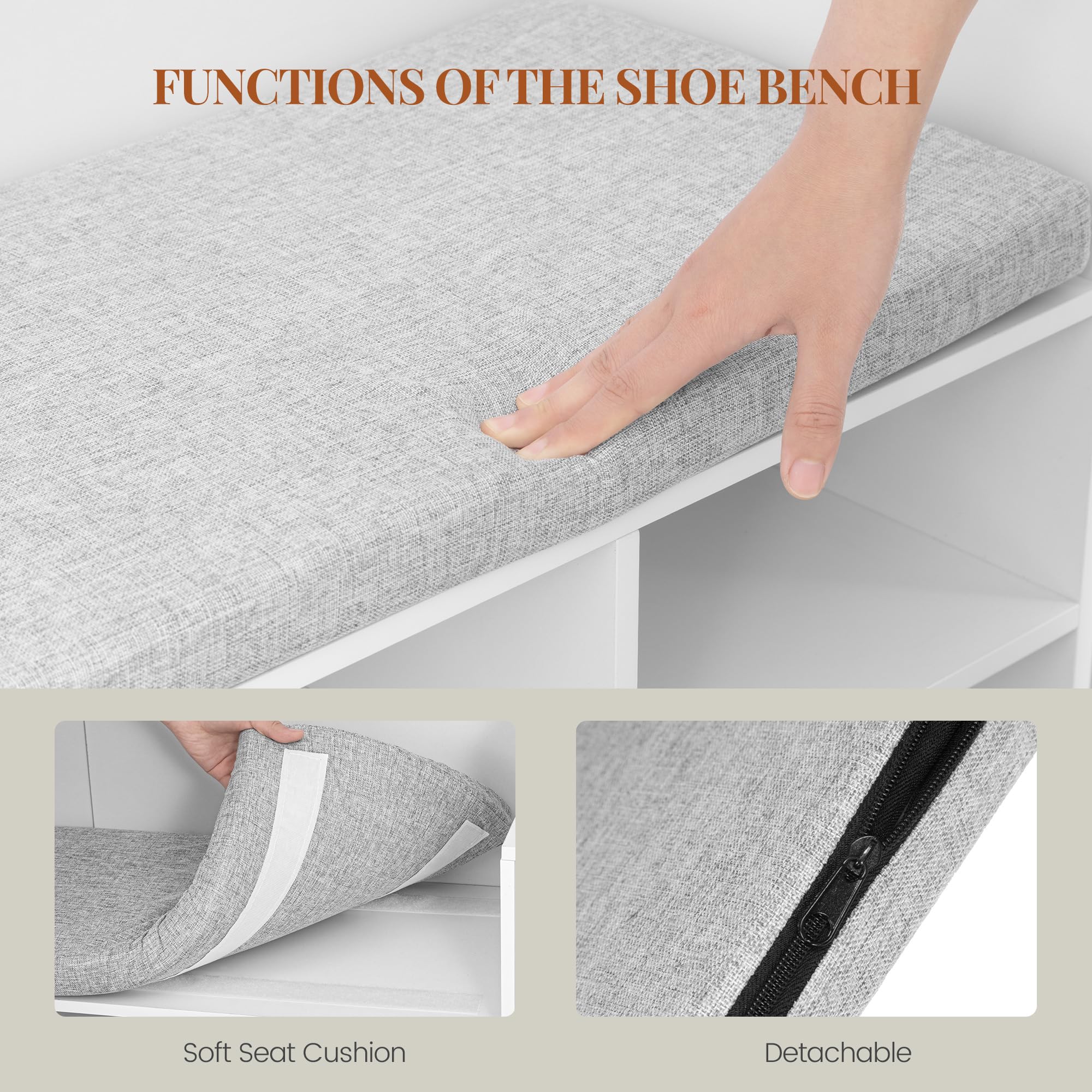 HEXCELEN Garderobenständer mit Schuhbank, 150 x 35 x 193,2 cm, mit 23 Offenen Fächern und 9 Haken, Verstellbare Regalbretter, für Flure, Eingangsbereiche, Wohnzimmer, Weiß