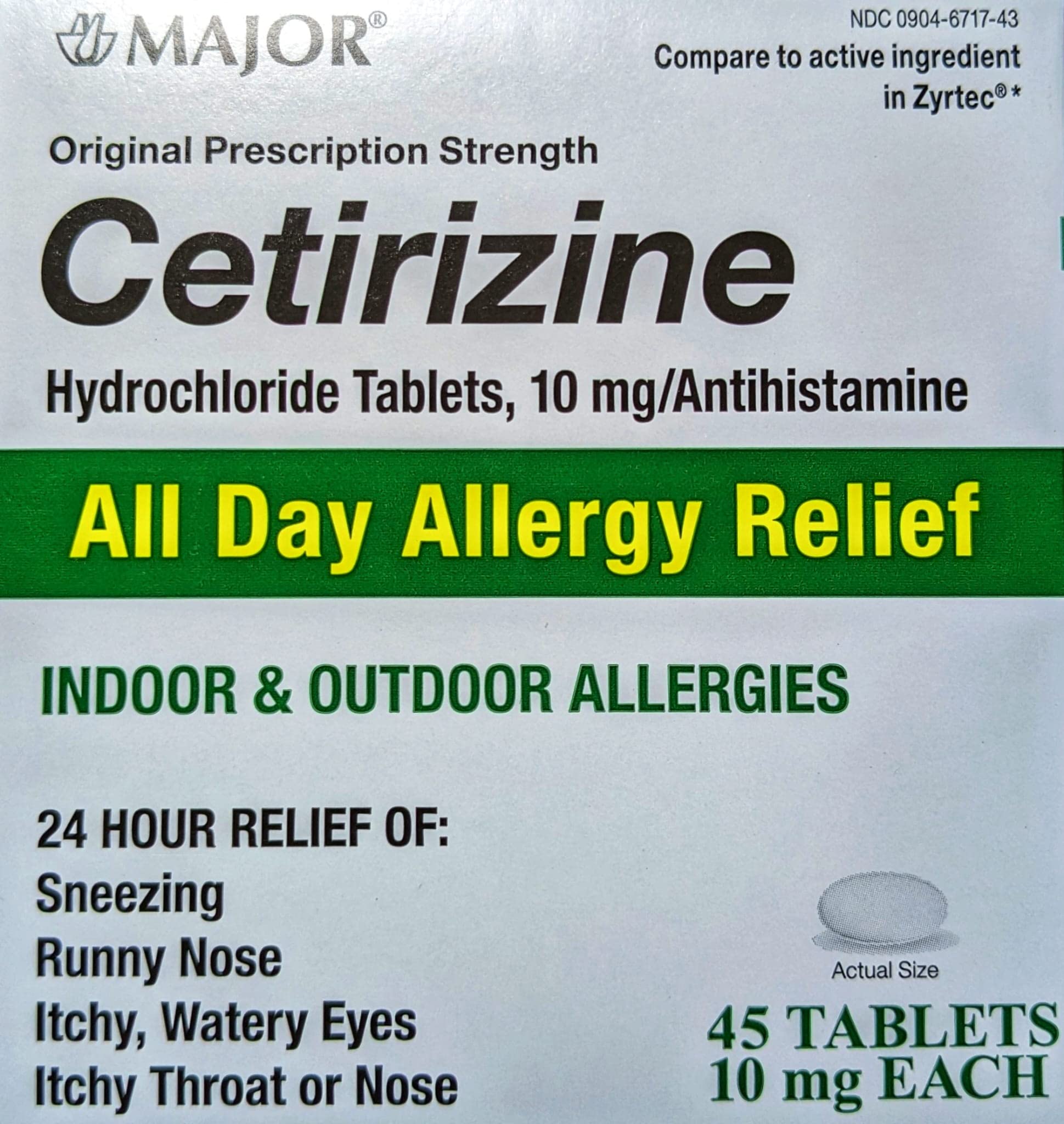 MAJOR All Day Allergy Relief Antihistamine Cetirizine Hydrochloride 10 mg - 45 Tablets