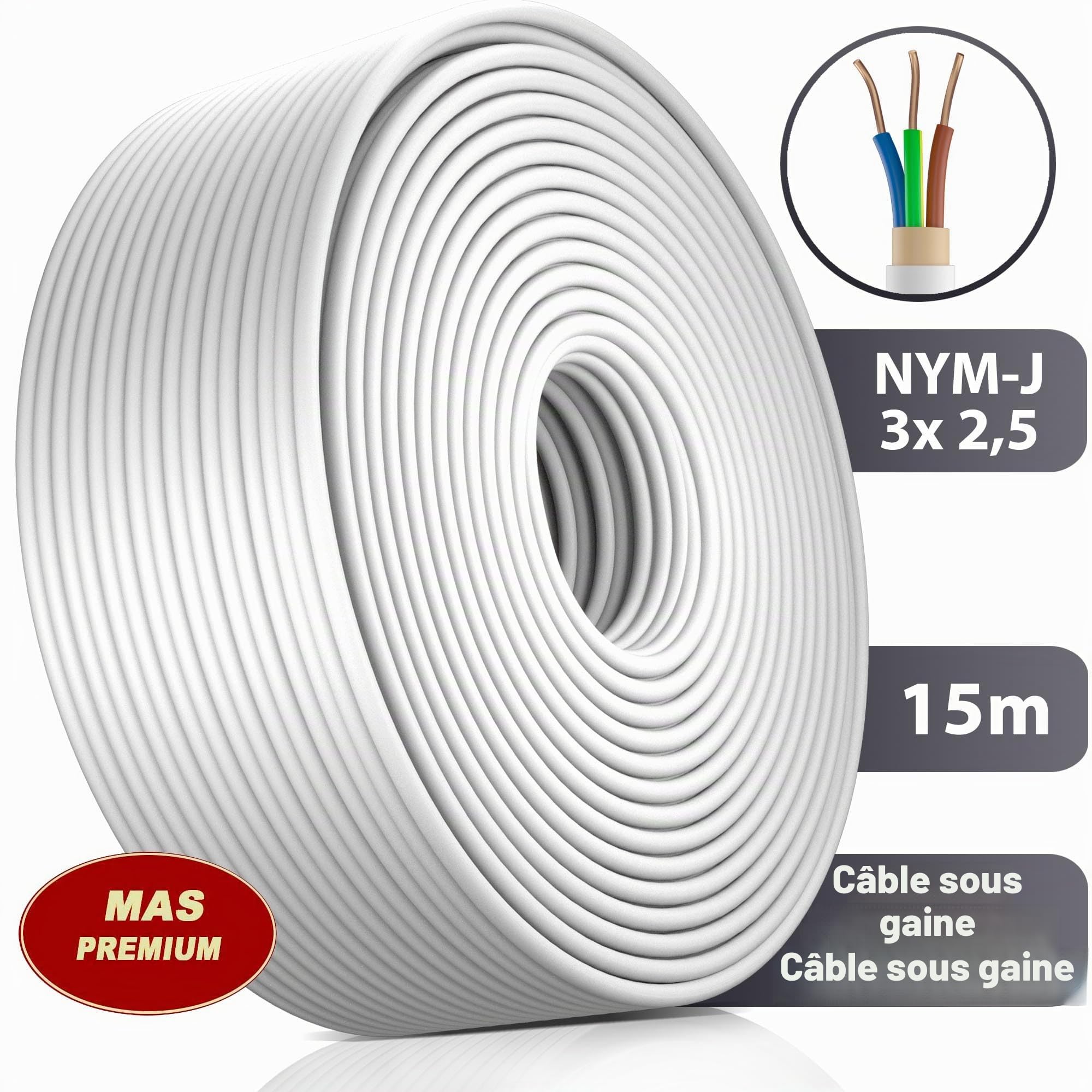 Câble d'alimentation NYM-J pour pièces humides de 5, 10, 15, 20, 25, 30, 35, 40, 50, 60, 70, 75, 80, 90 ou 100 m, Câble électrique gainé NYM-J 3 x 2,5 mm², Anneau pour une pose fixe (15 m)