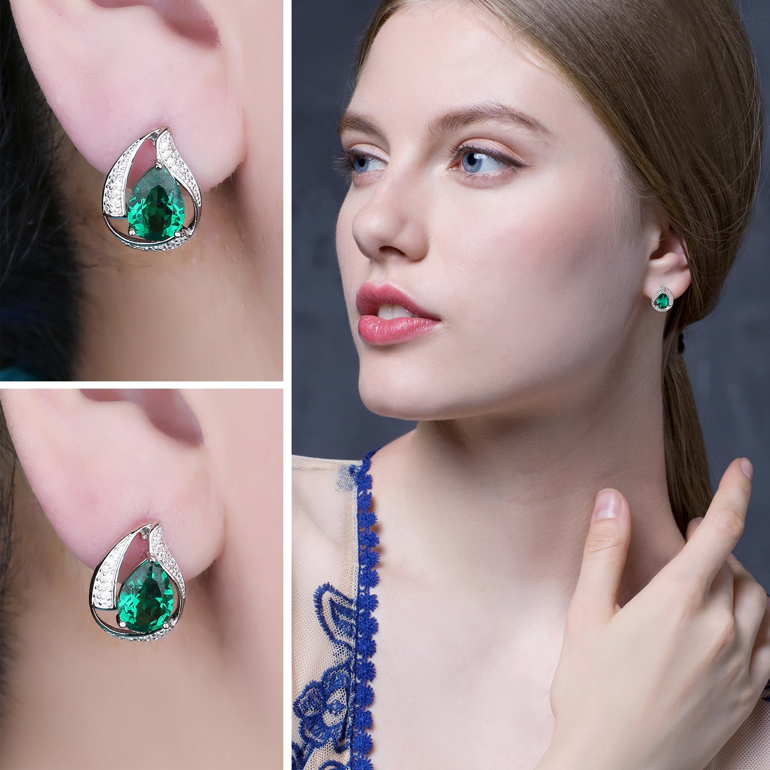 JewelryPalace Pendientes Mujer Plata Oro 14k Oro Rosa, Pendientes Clip de Perforacion 3.5ct Esmeralda Simulado Verde, Pendientes Pequeños Mujer Gota de Agua Piedra, Pendientes Niña Joyas