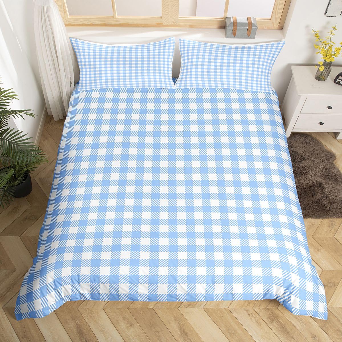 Housse de couette quadrillé bleu parure de lit campagnard pour chambre ado et adulte