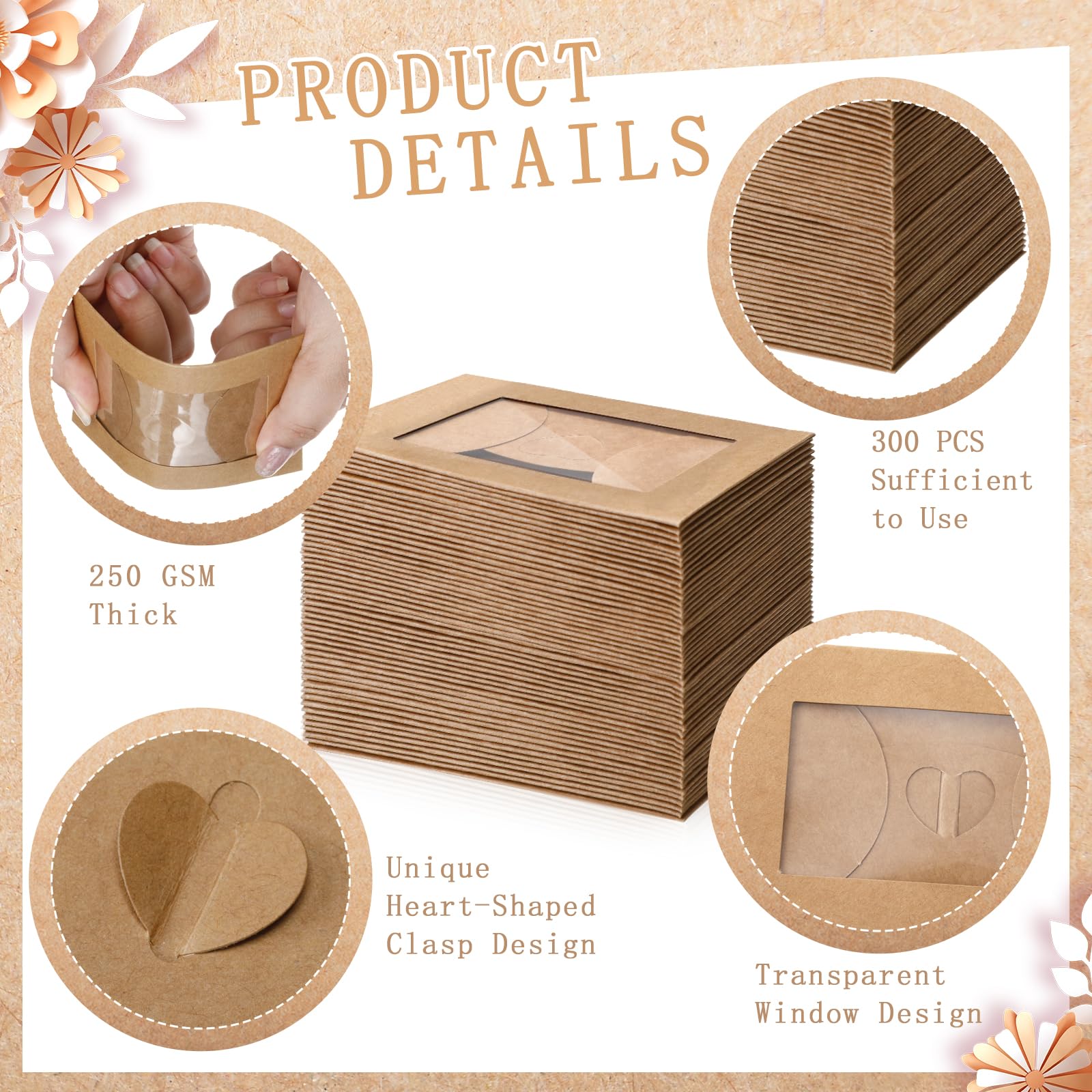 Uiifan 300 Pcs Window Gift Card Envelopes 4 x 2.8 Inch Gift Card Sleeves Mini Envelopes with Heart Shaped Clasp for Business Party Greeting Invitation(Brown)