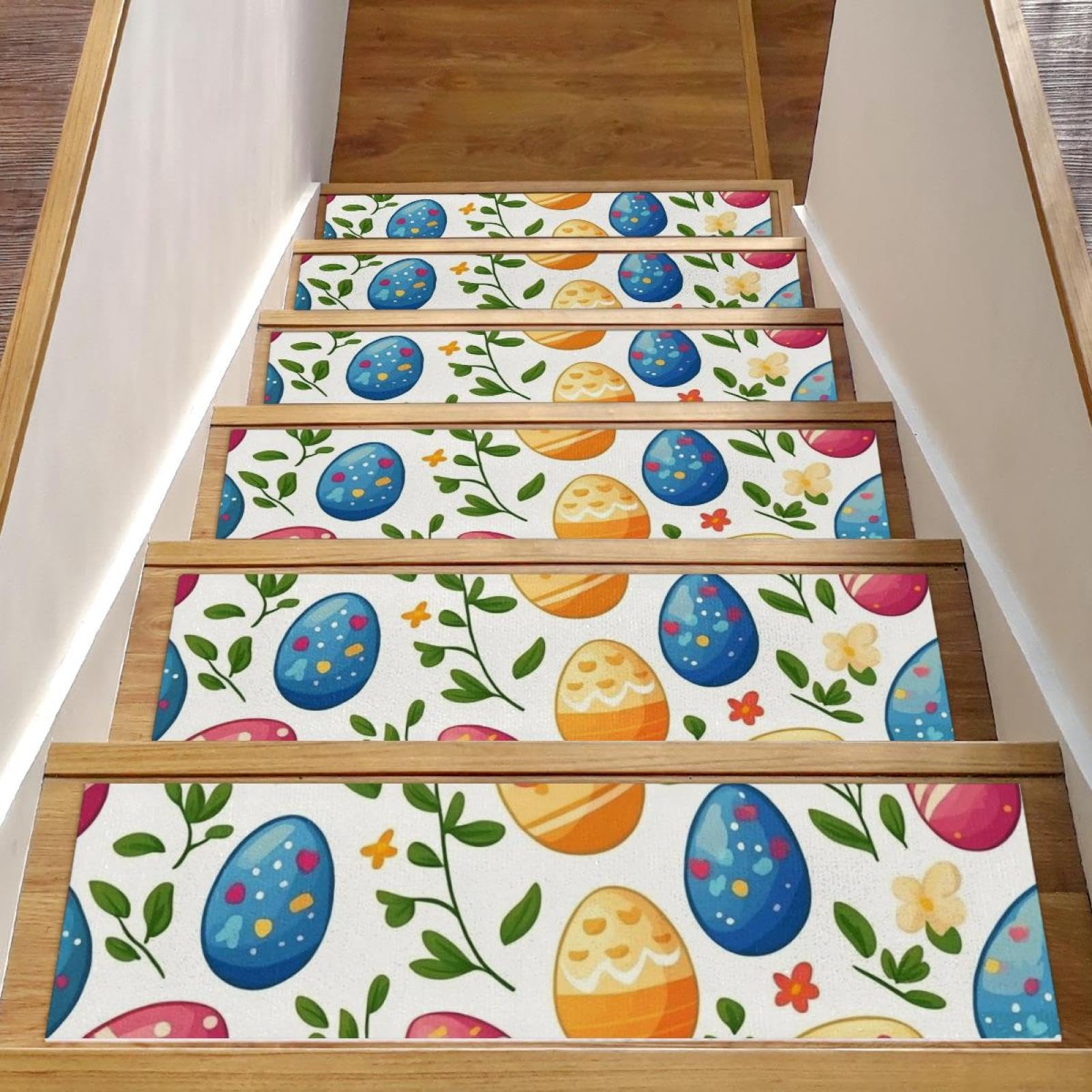 Tapis d'escalier antidérapants intérieurs en bois avec adhésifs 20x76cm motif fleurs de Pâques