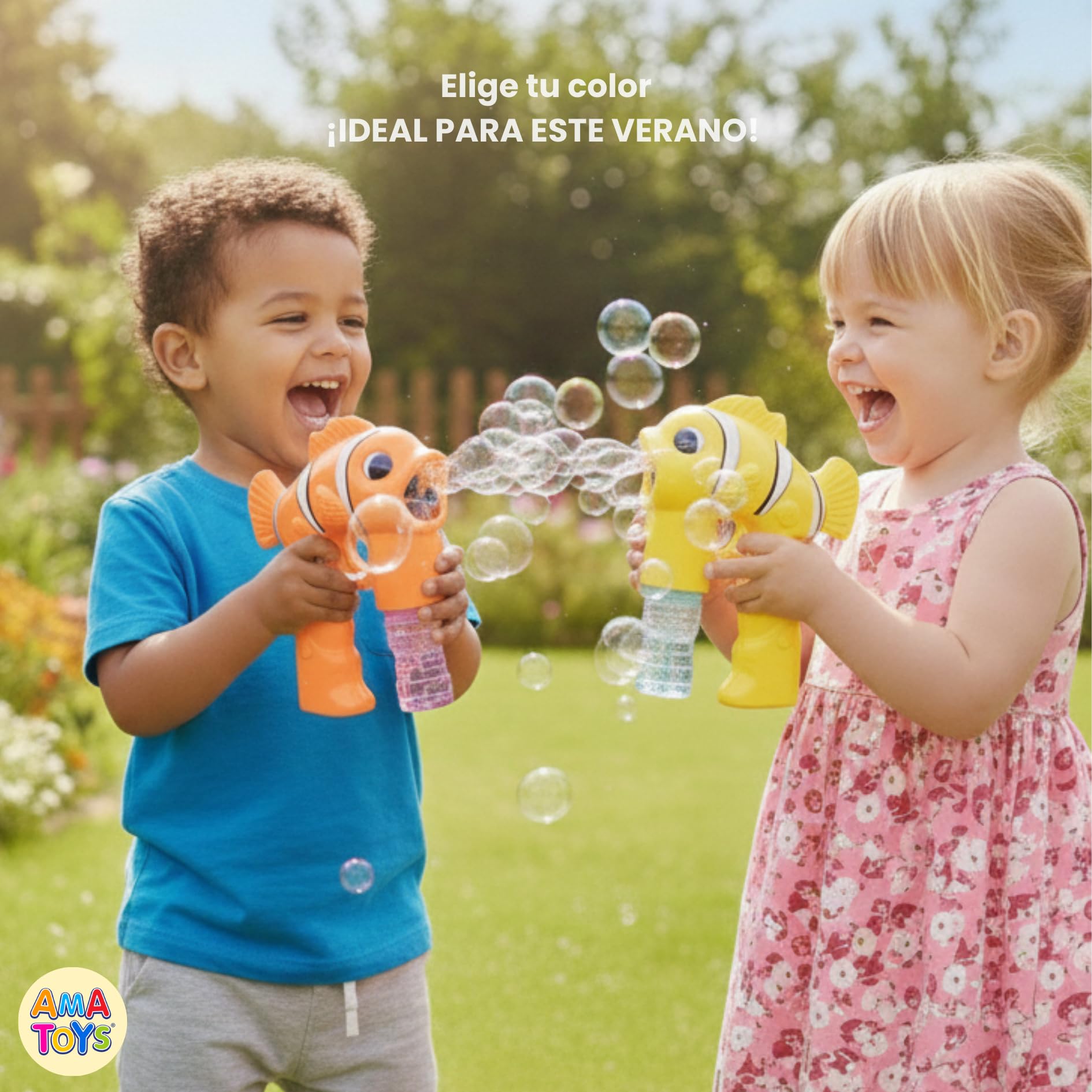 Pistola de Burbujas - Set de 3 - AMATOYS - Máquina de Pompas Automática con Luces - Forma de Animales - Pomperos para Niños y Niñas - Juguete para Piscina y Verano (PEZ_Naranja)
