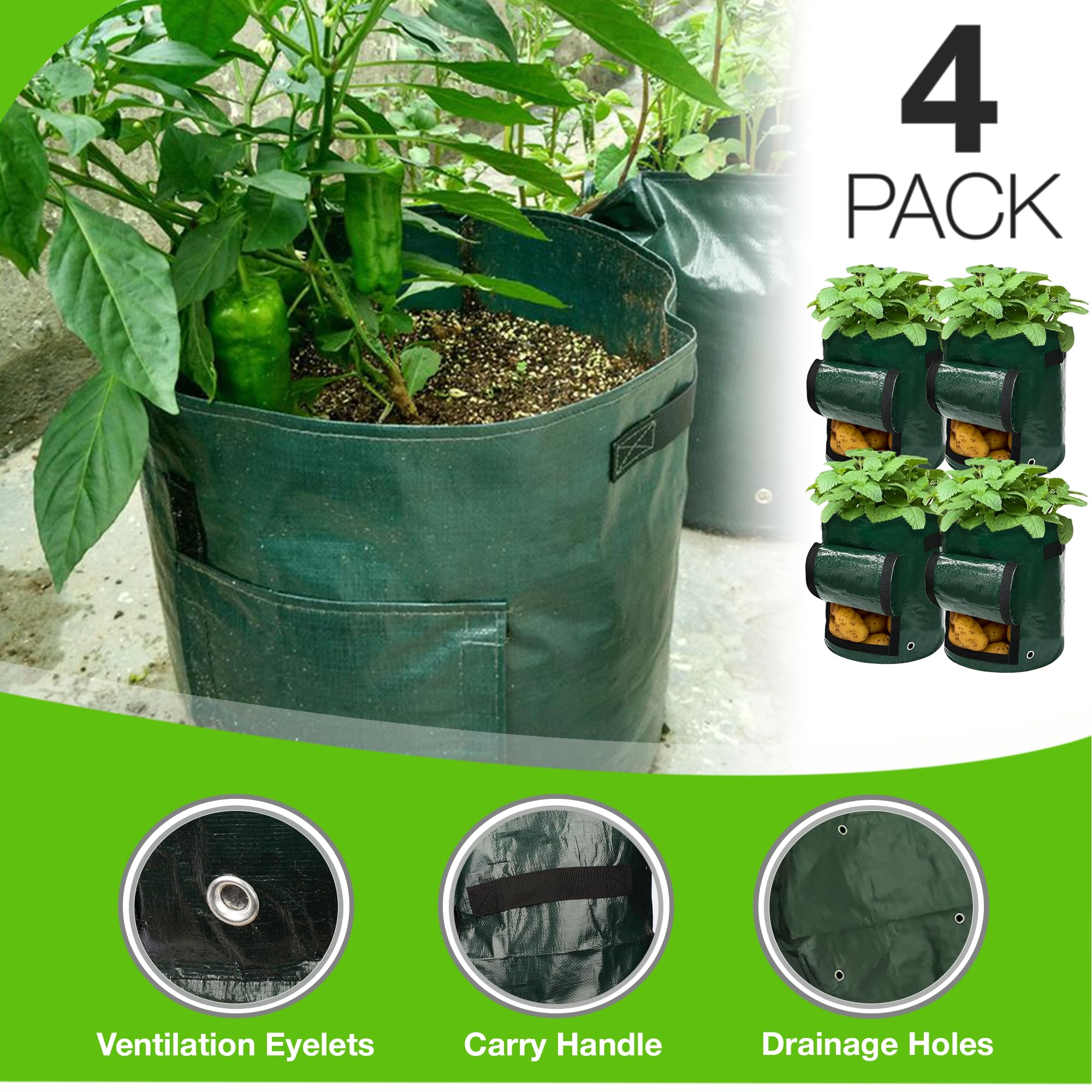 4 Planter Grow Bags 7 Gallons, 28L Capacity, With Drainage Holes, Carry Handles, Hook n Loop Open Compartment, Heavy Duty - Image 3
