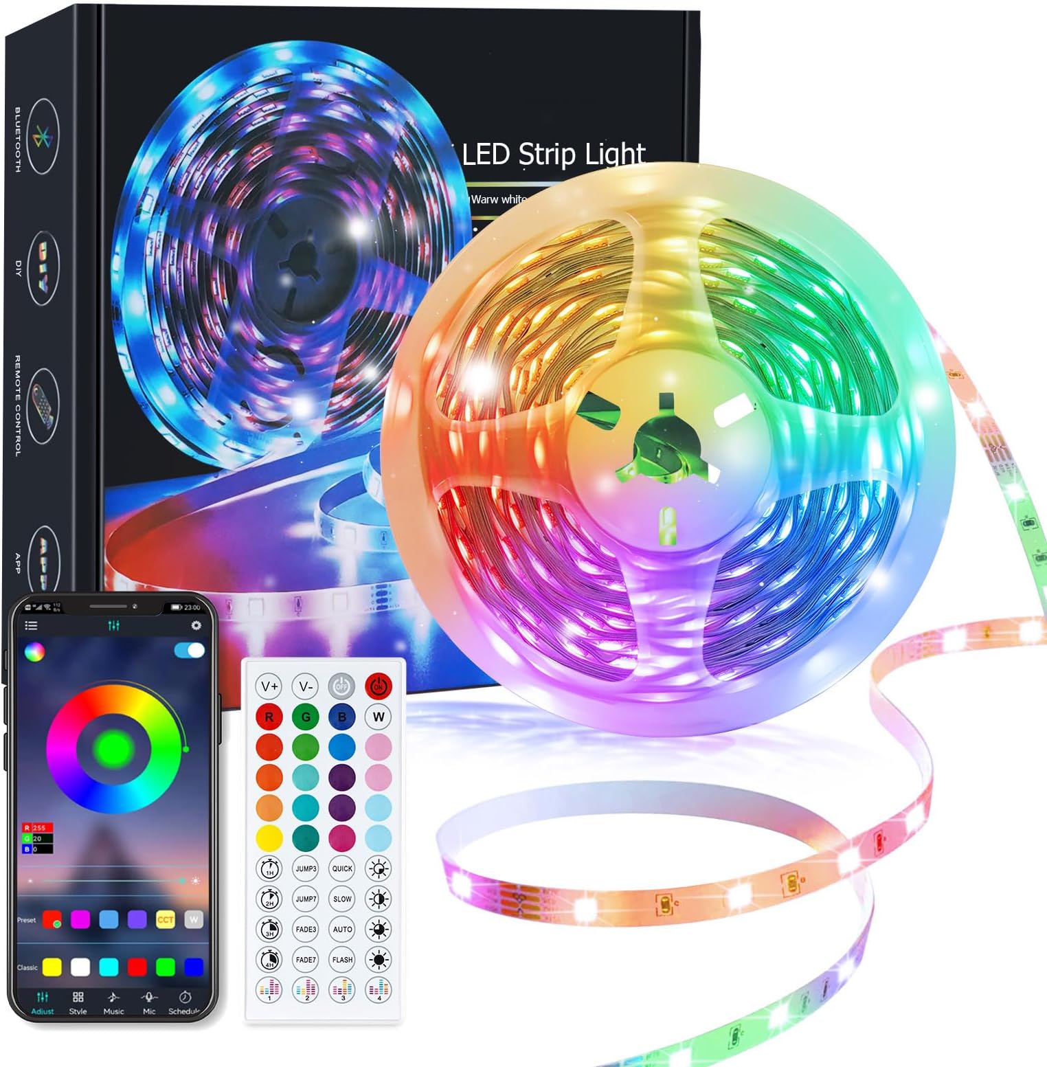 Led Lights, Led Strip Light with Music Sync Color Changing, RGB Led Strip Lights with Smart App & Remote Control for Bedroom, Led Light Strips for Lighting Flexible Home Decoration, DTN-001