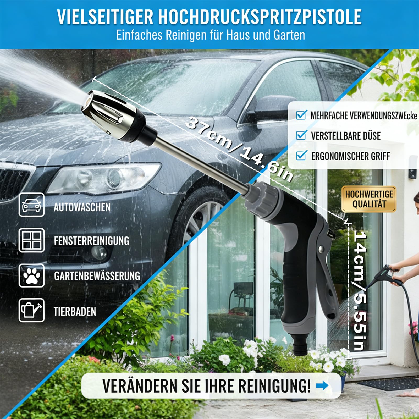 Power Jet Hochdruckpistole, Hochdruckpistole Für Gartenschlauch, Drei Sprüheffekte, 360° Drehbar, Ausgestattet Mit Metallgelenken Und 15 M Langem Teleskoprohr (A+15 m Wasserschlauch)
