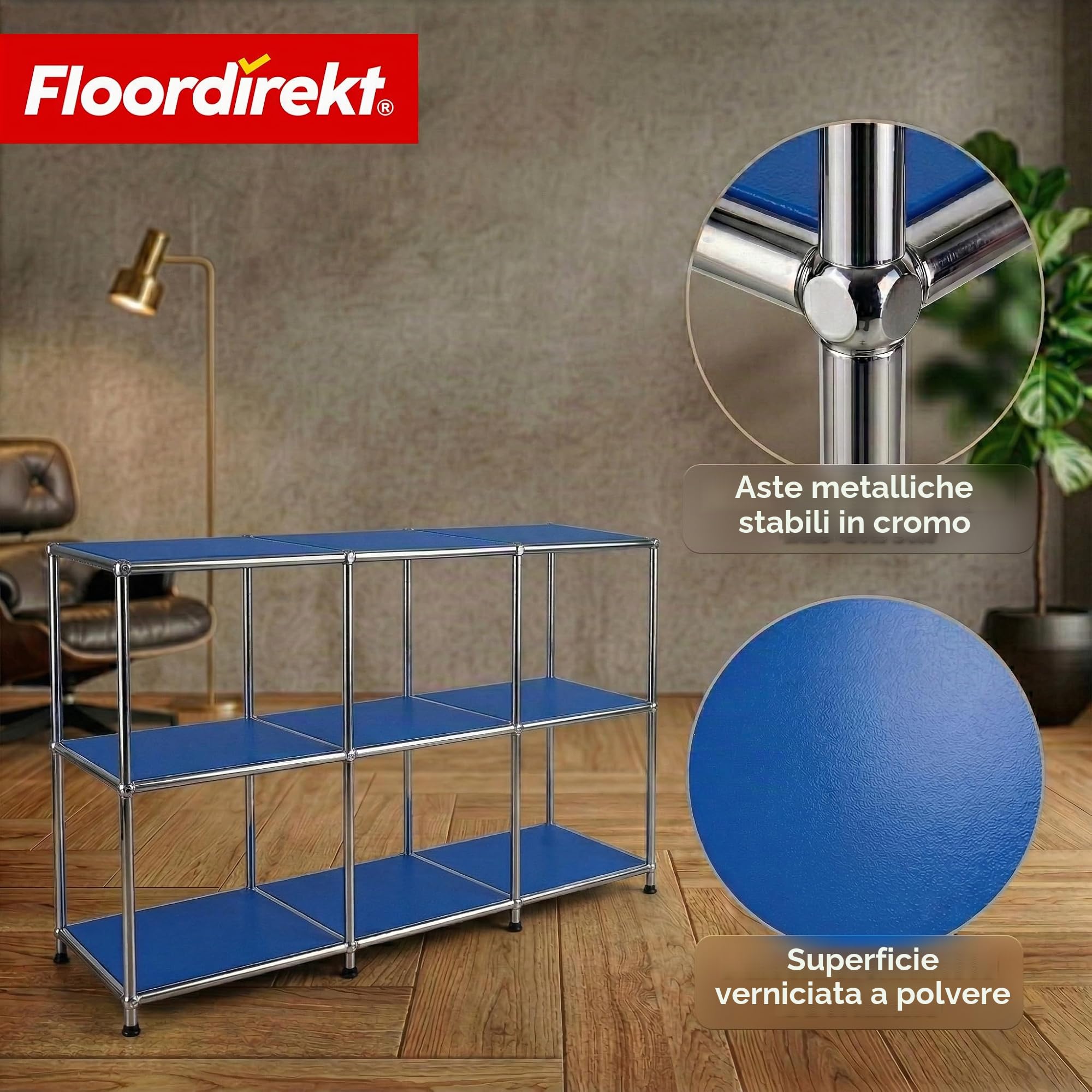 Floordirekt Scaffale - Blu 116x40x82cm - 3 Ripiani Scaffale in Metallo - Sideboard & Lowboard - Libreria Aperta - Scaffale a Cubi - Concept Epure MK-018