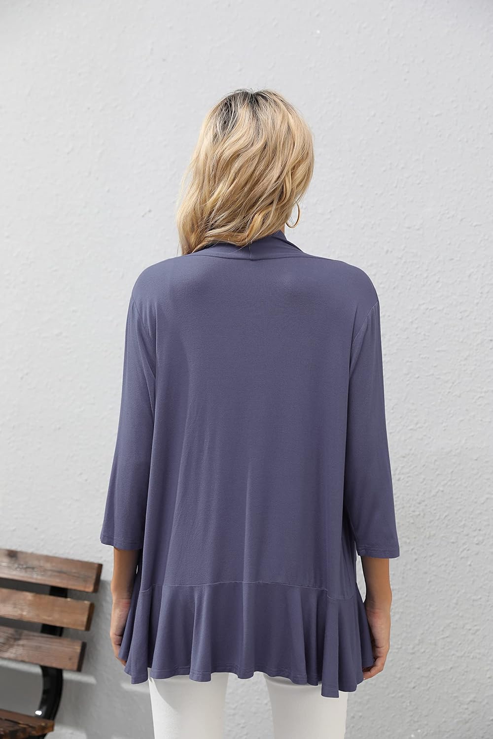 HIYIYEZI Women's Casual Lightweight Open Front Cardigans Soft Draped Ruffles 3/4 Sleeve Cardigan - Image 2