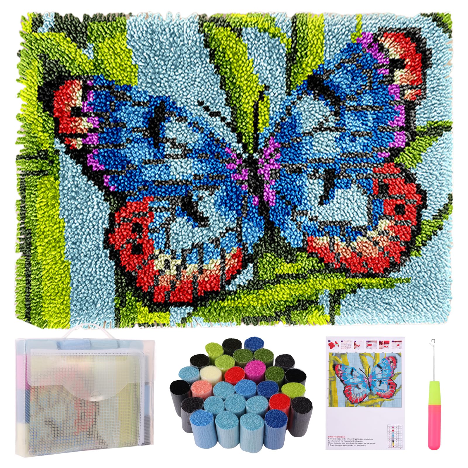 Latch Hook Rug Kit, 52x38cm Complete DIY Crochet Carpet for Adults Kids Beginners, Butterfly/Leaves Patterns Pre-Printed Canvas Yarn Rugs Hooking Kits,Creative Craft Home Decor for Learning Rug Making