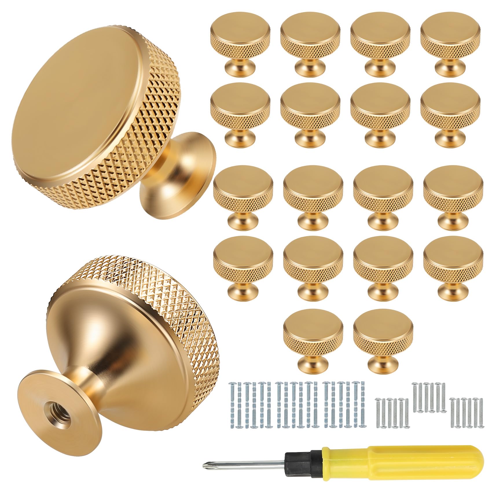 Omolly Gold 18 Pack Cabinet Knobs With 36 Pcs Screws And Screwdriver, Aluminum Alloy Drawer Knobs, Cupboard Door Knobs Wardrobe Handles For Drawer Dresser, Cupboard And Wardrobe