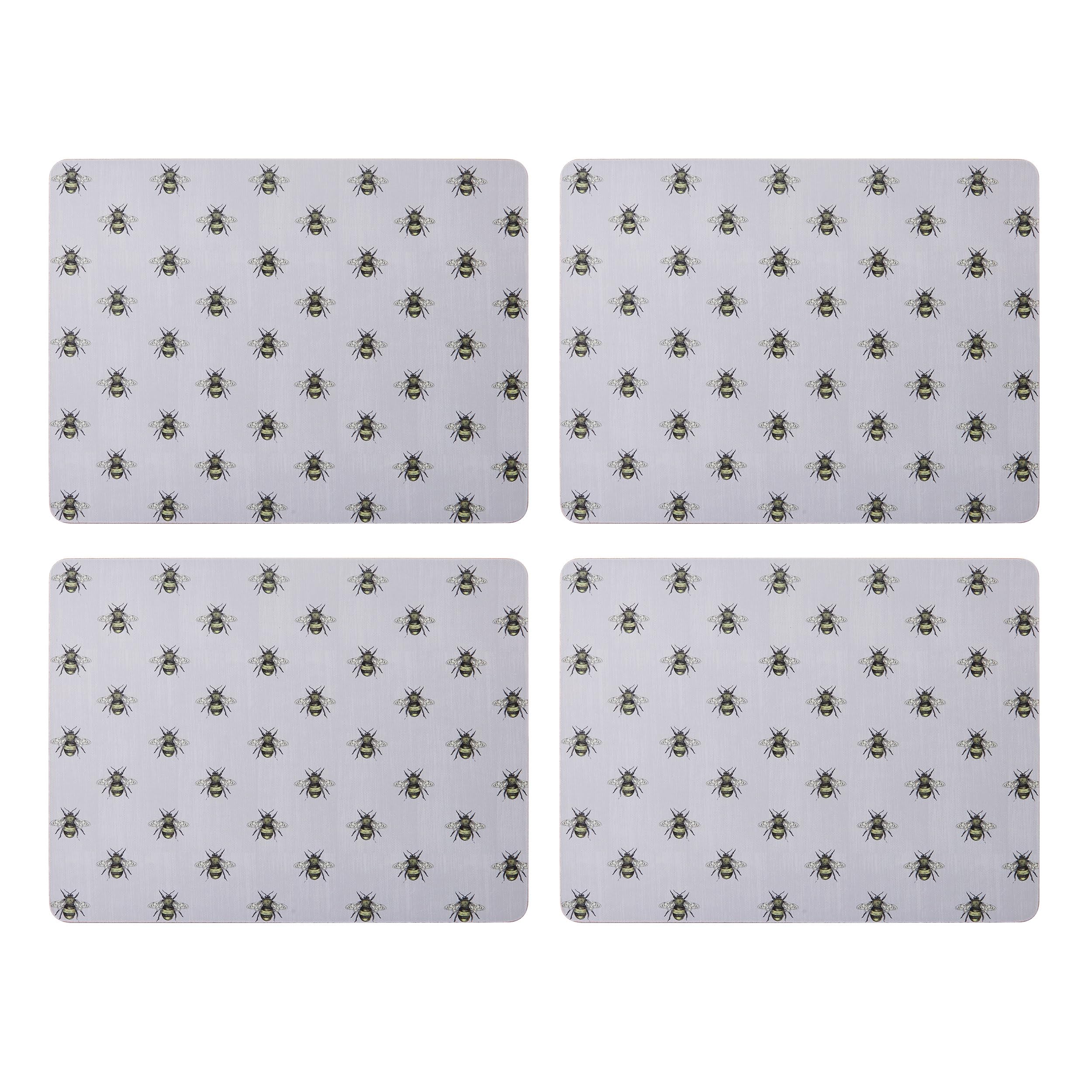 Creative Tops Printed Country Bee Rectangle Placemats Set Of 4 Grey Cork Back Heat-Resistant Stain-Resistant Surface Protector to 120°C Luxury Lacquered Surface Easy Wipe Clean, 30 x 22 cm