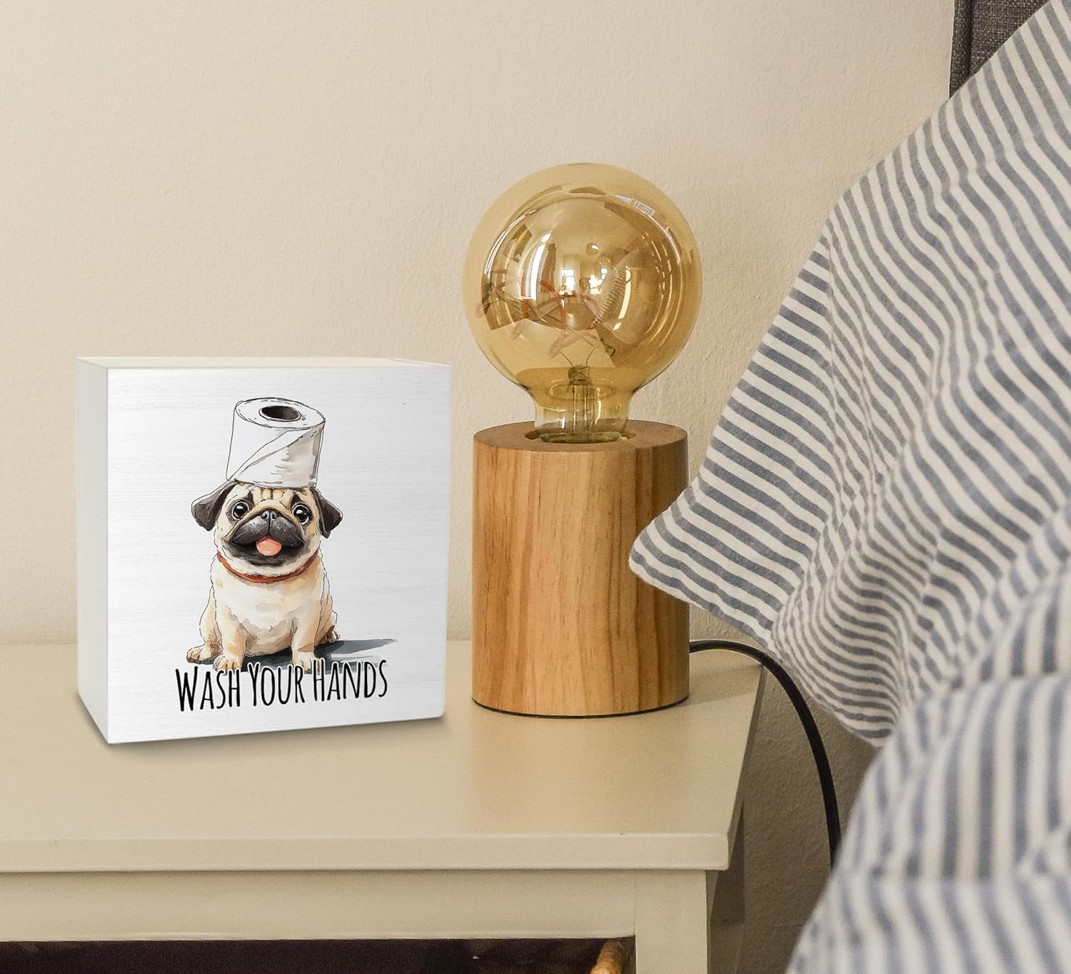 KU-DaYi Funny Dog Pug Bathroom Wooden Box Sign, Wash Your Hands Sign Bathroom Decor, Pug Desk Accessories for Dog Lovers Wooden Block Plaque Desk Shelf Decor 5x5 Inch - Image 4