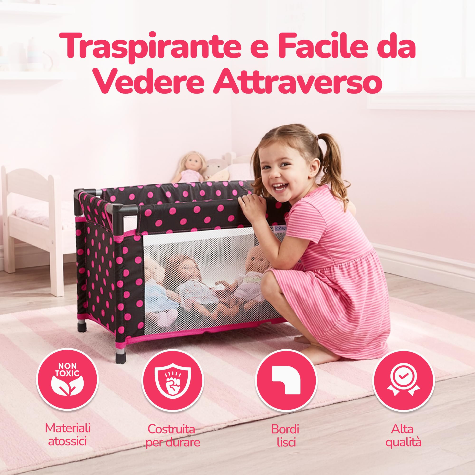 Kinderplay Lettino da Viaggio per Bambole – Culla pieghevole con borsa – Per bambole fino a 46 cm – Rete traspirante, tessuto lavabile, piedini antiscivolo – KP0400G