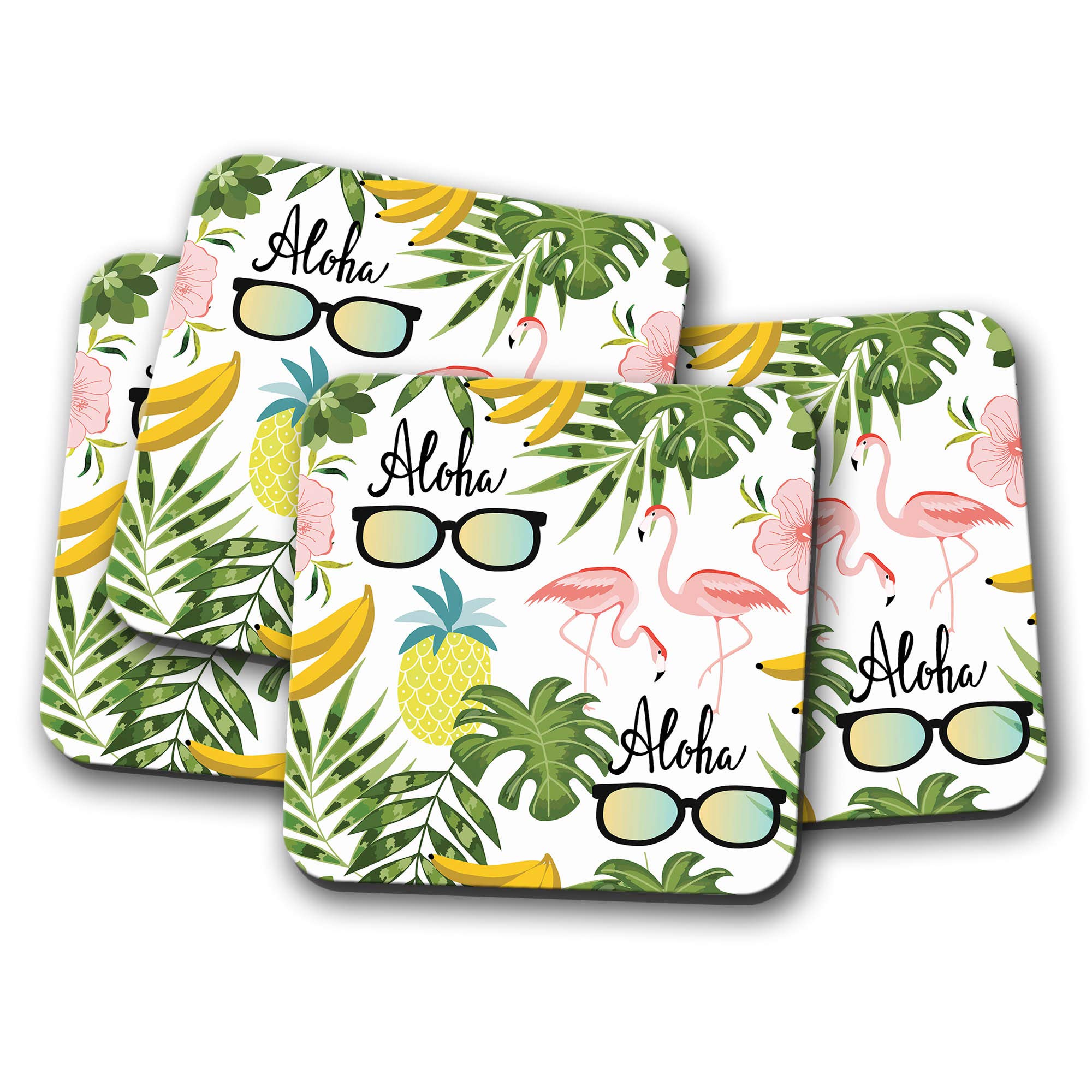 Destinationvinyl Multicolor 4 Set - Aloha Hawaii Drinks Coaster - Flamingo Pineapple Sunglasses #8489