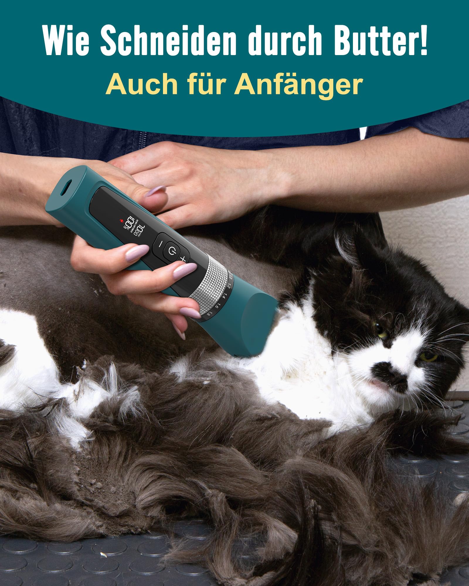 oneisall Schermaschine Katze Leise, Profi Haarschneidemaschine für langhaarkatzen, 5-Geschwindigkeiten Katzenrasierer mit LCD-Display, IPX6 Wasserdicht, Einfache Reinigung (Grün)